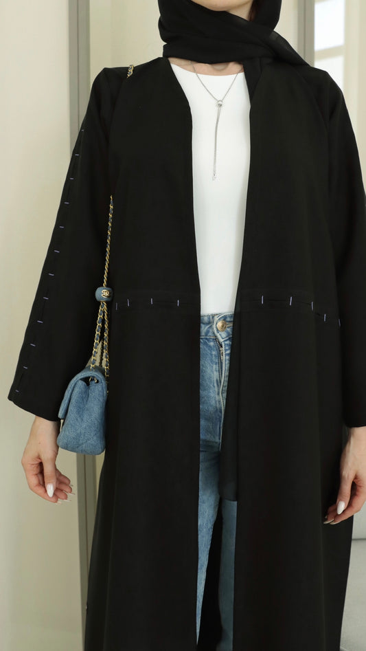 E30- Summery Black with minimal blue stitching Crepe ( A-line )