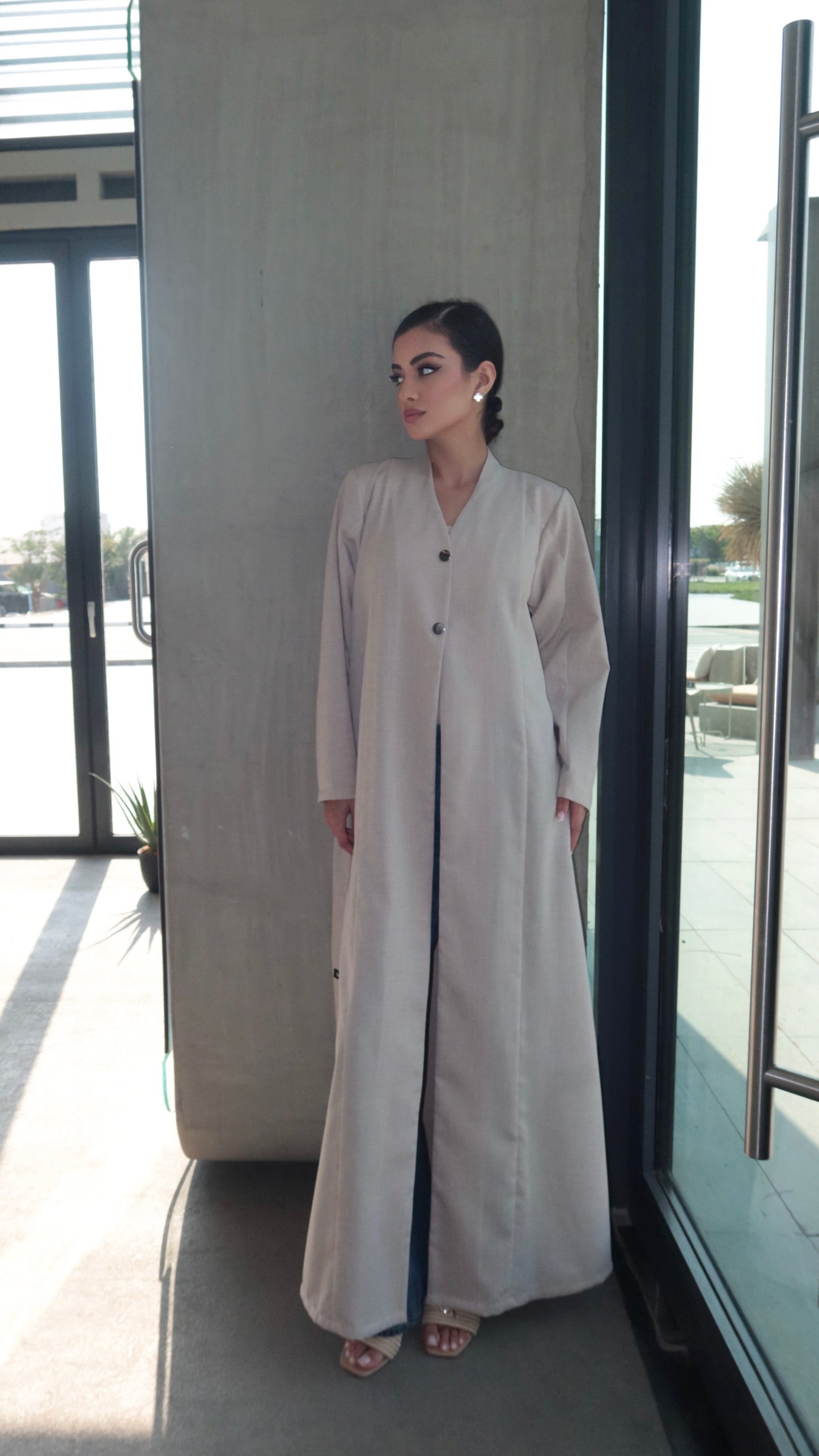 E49- Beige linen mix abaya
