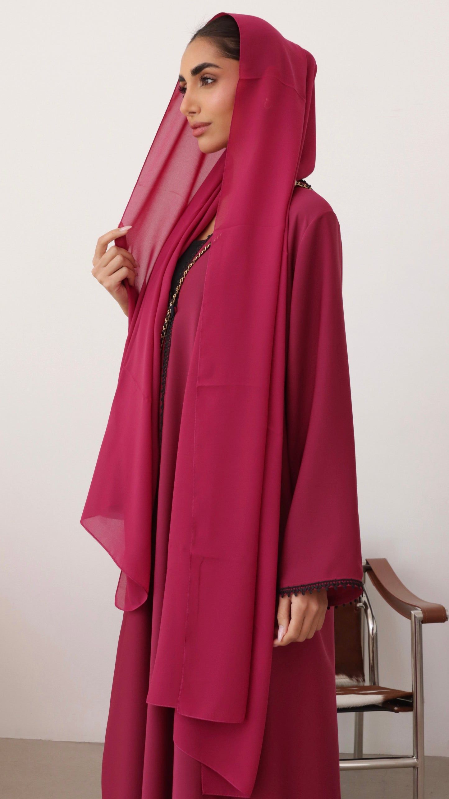 E98-Fuchsia with black lace abaya