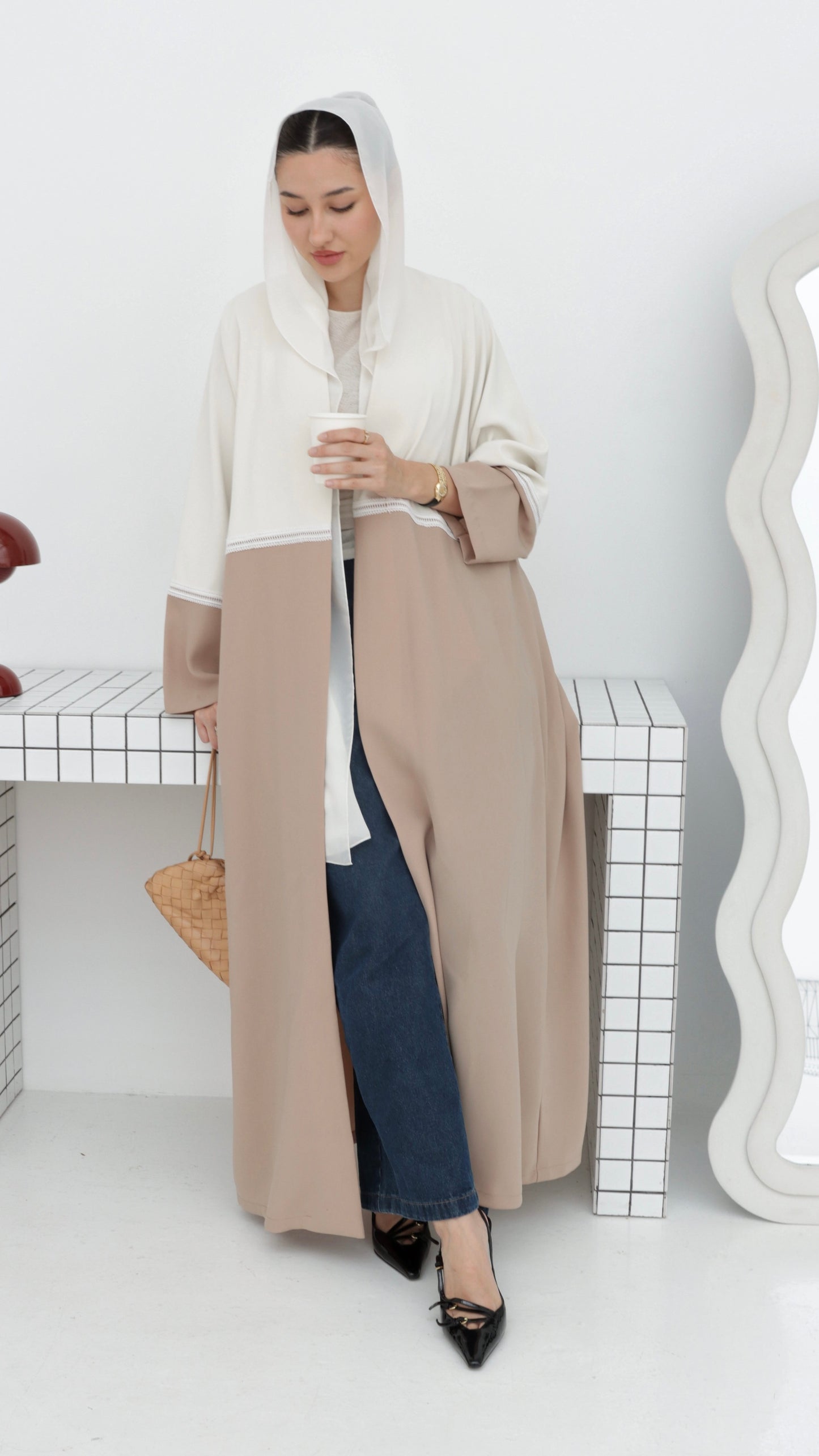 E68- Summery white and beige crepe abaya with lace ( A-line)