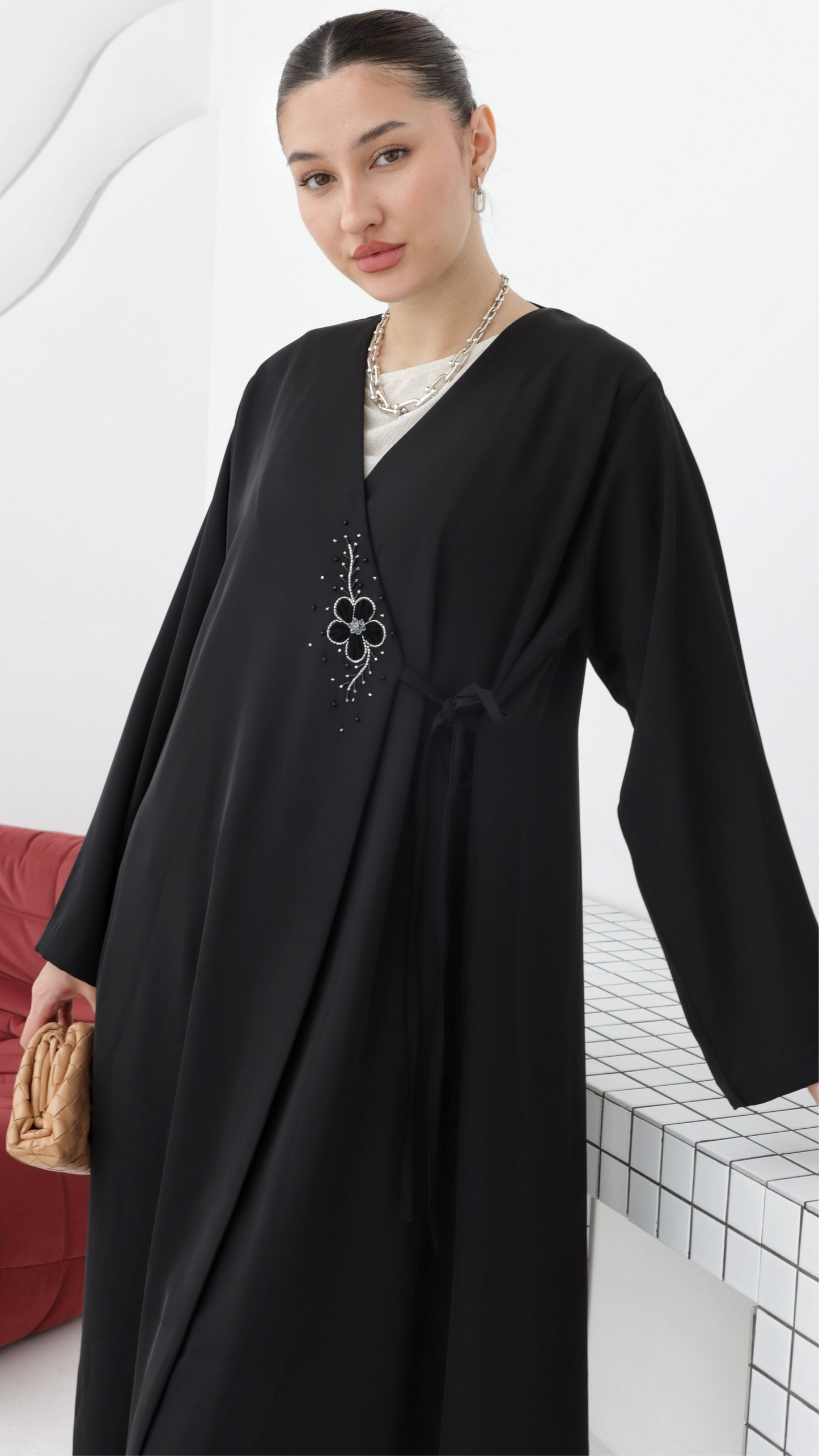 E67- Summery Black abaya with white floral handwork Crepe ( A- line)
