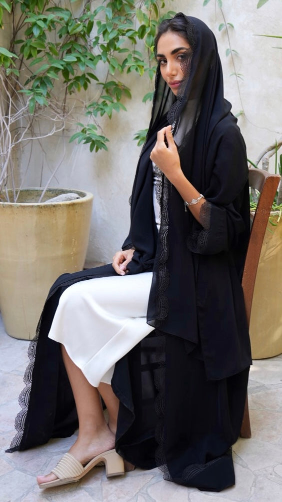 E54- Summery Black abaya with lace Nida ( A-line )