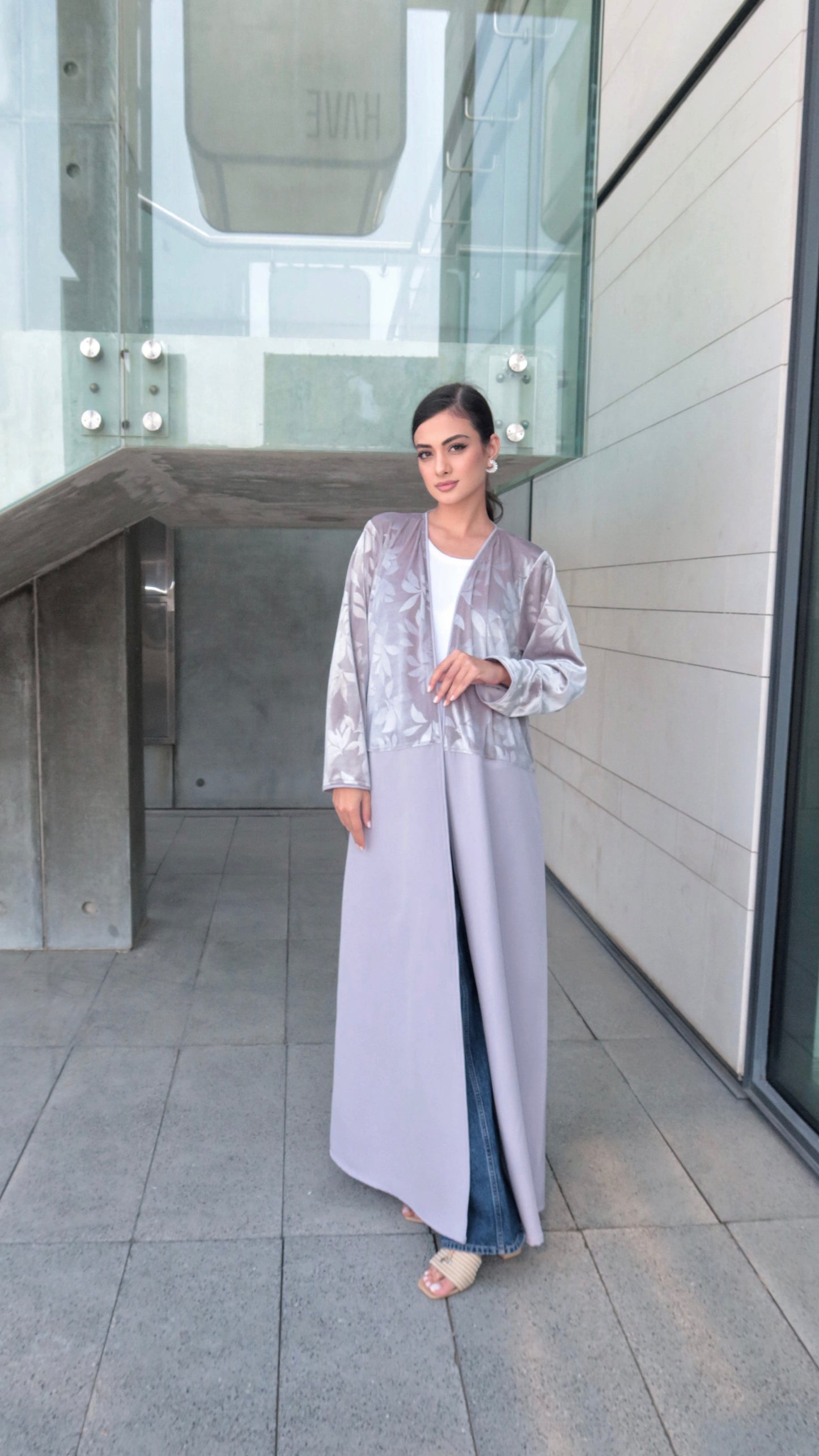 E51- Winter Grey abaya with pattern velvet Barbie ( A - line )