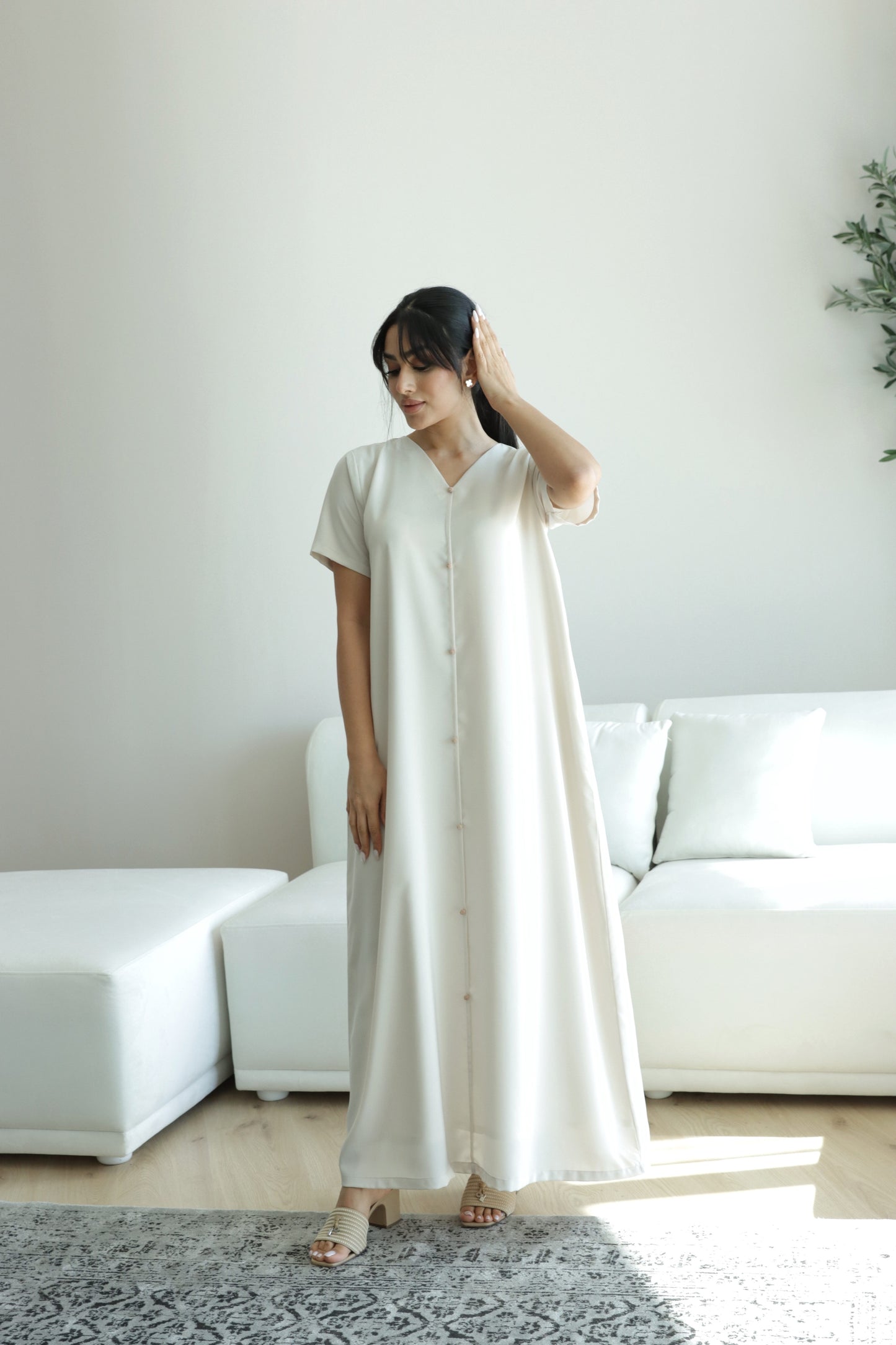 O47 Beige Summery Crepe dress( A-line )