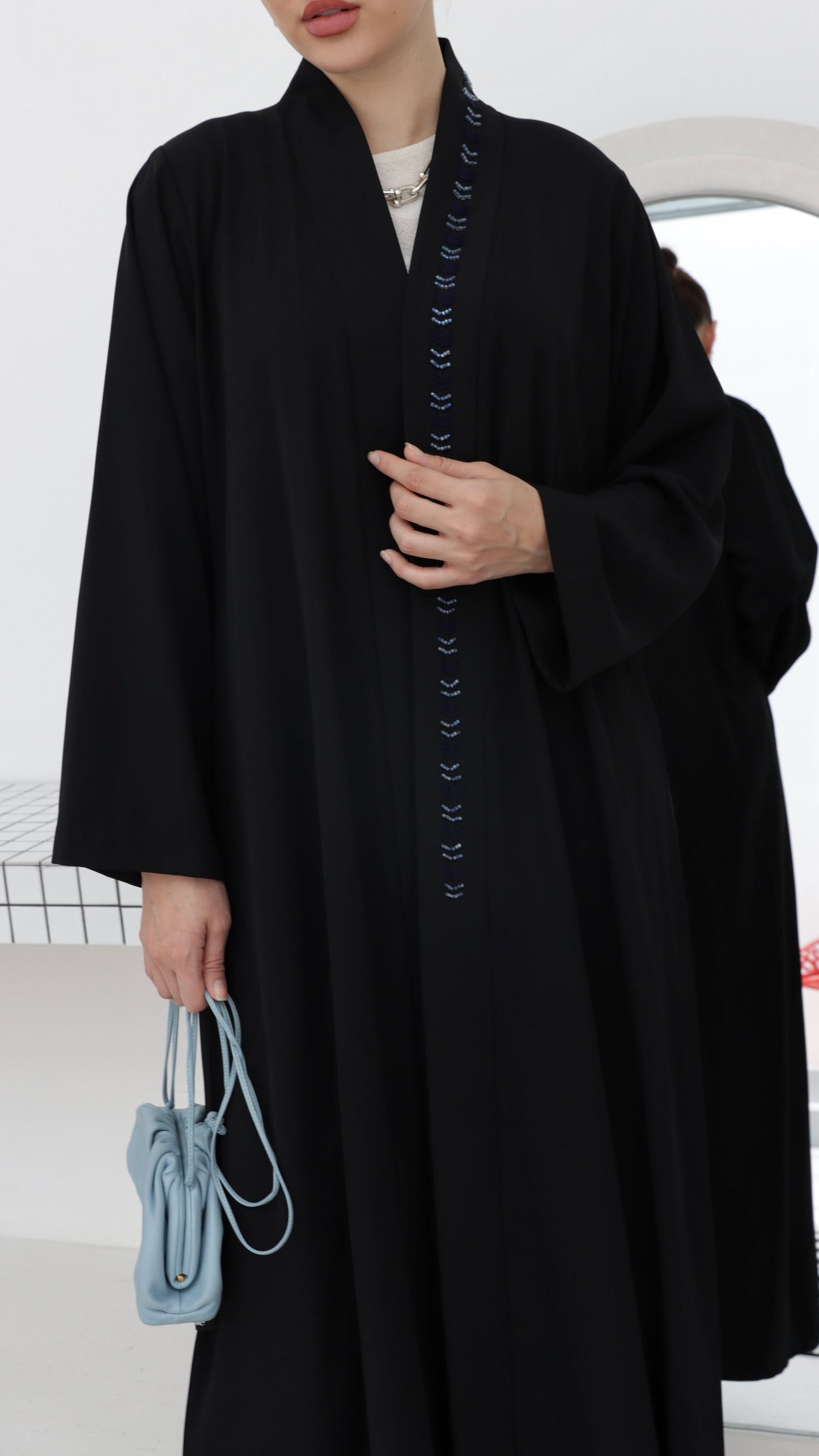 E69- Summery Black crepe abaya with blue beads ( A-line)