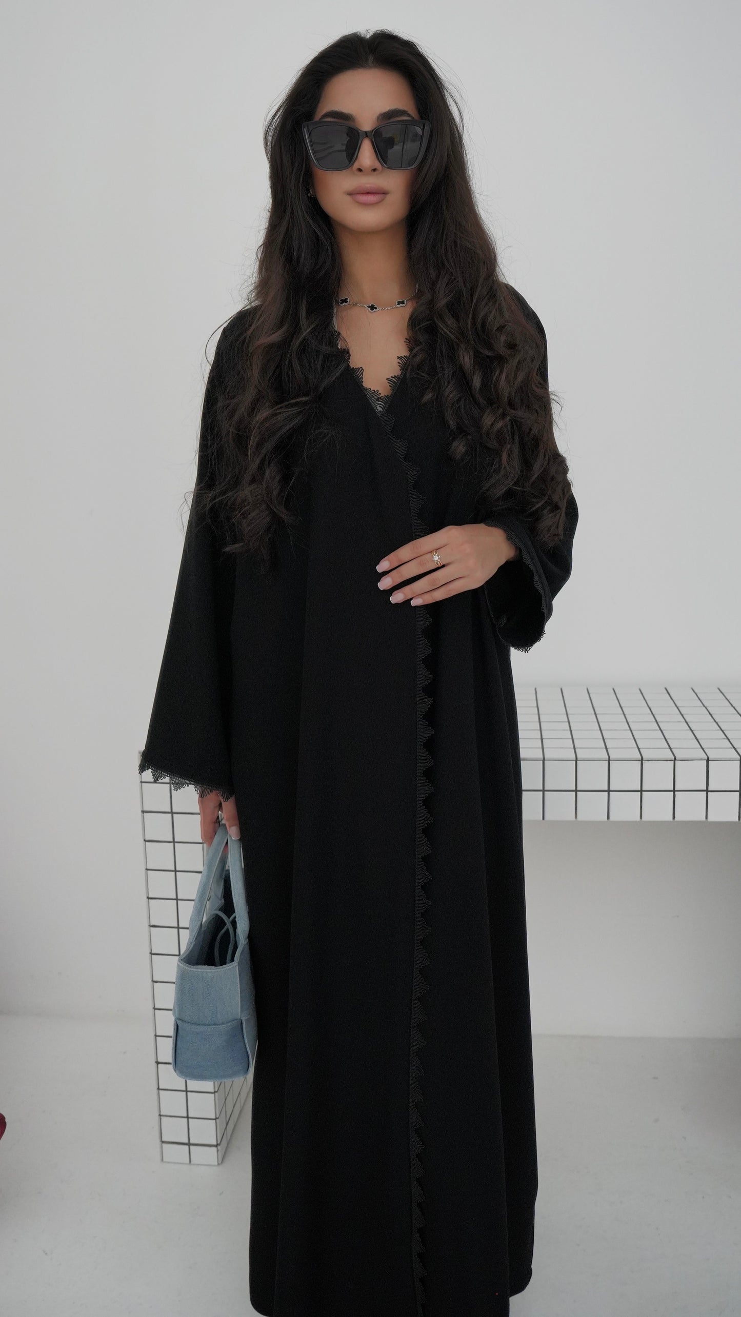 E91- Black abaya with lace piping