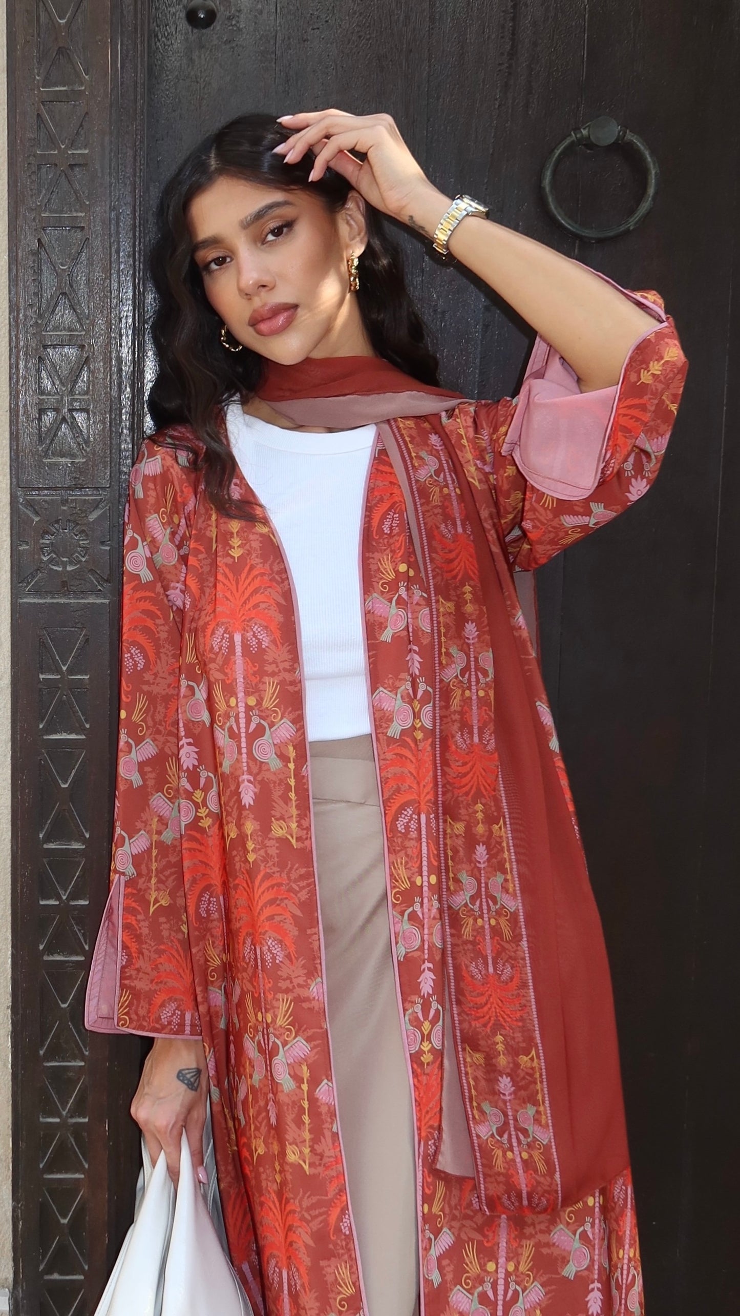 E58- Summery Orange palm tree abaya Crepe ( A - line )