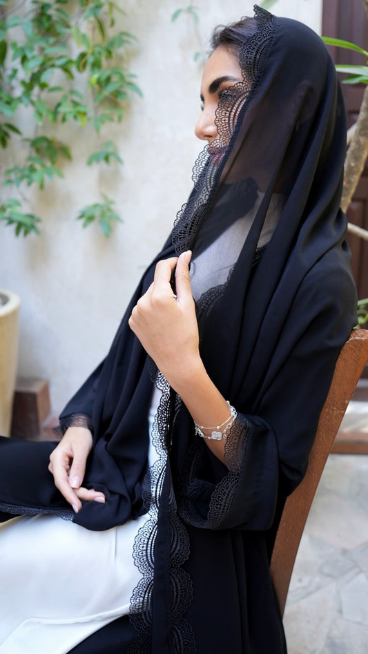E54- Summery Black abaya with lace Nida ( A-line )