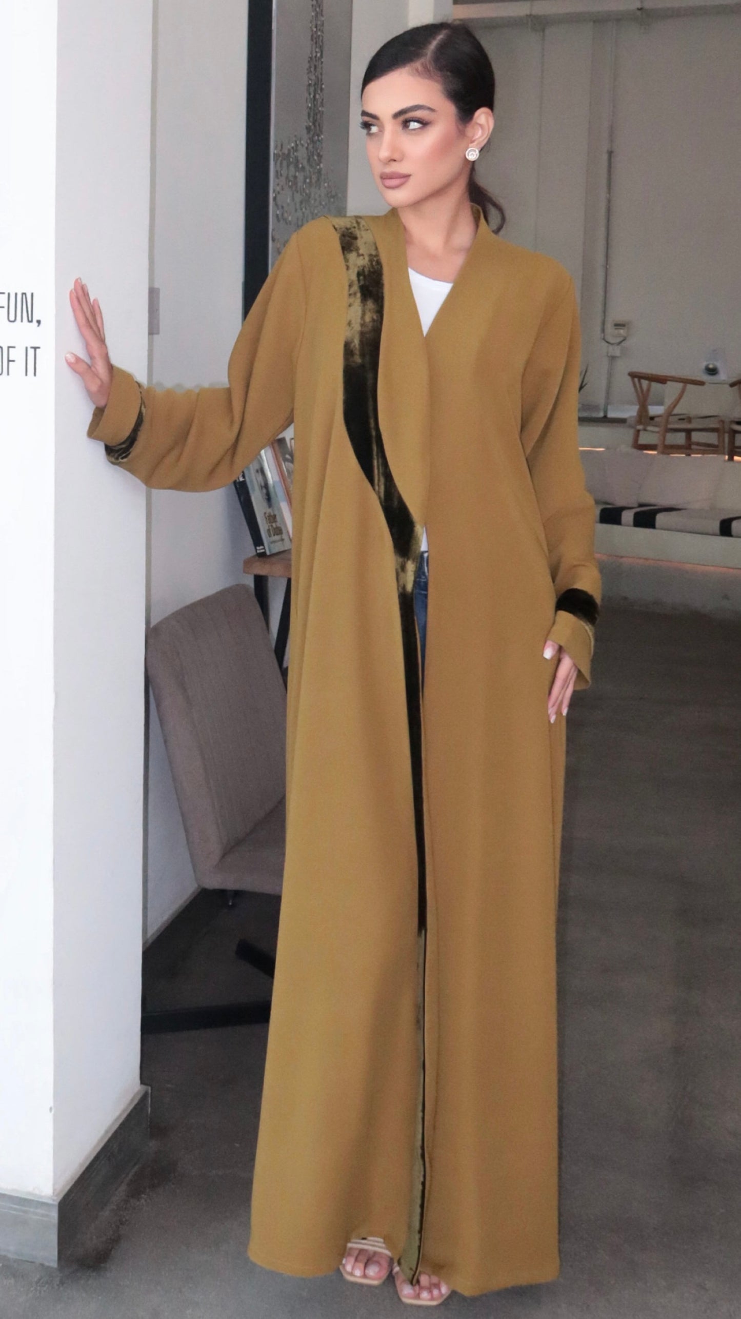 E52- Winter Mustard abaya with velvet touch Barbie ( A - line )