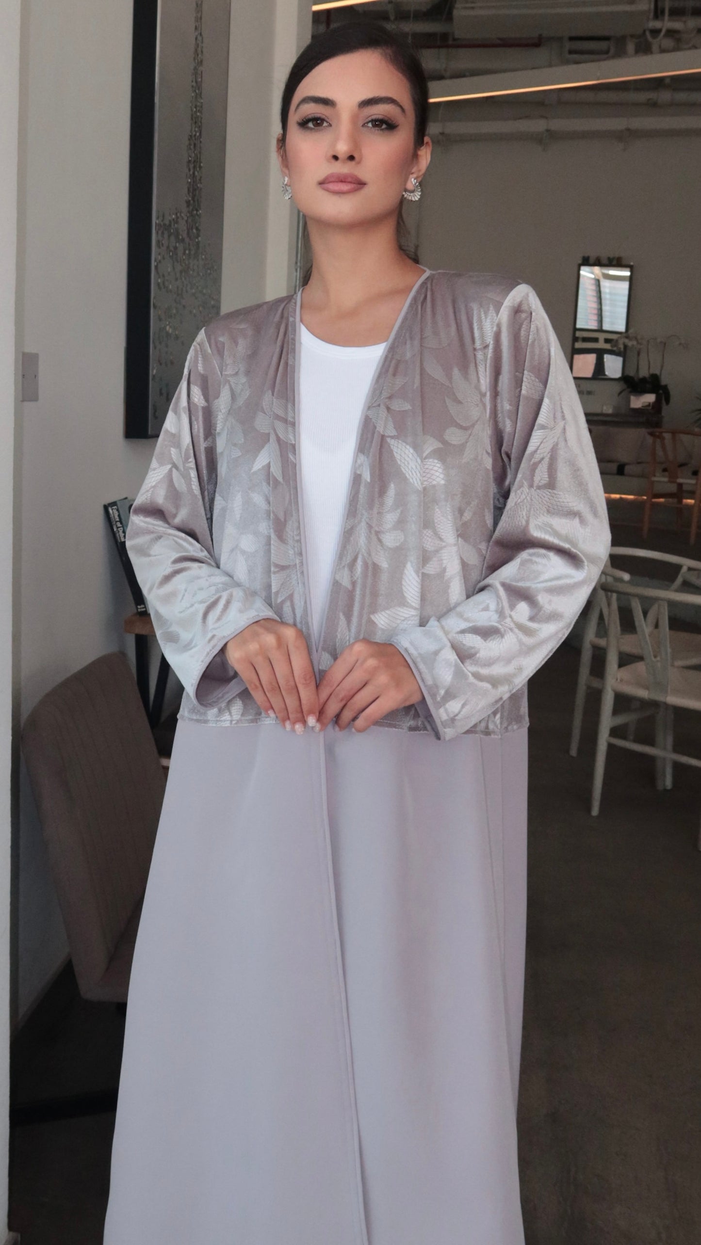 E51- Winter Grey abaya with pattern velvet Barbie ( A - line )