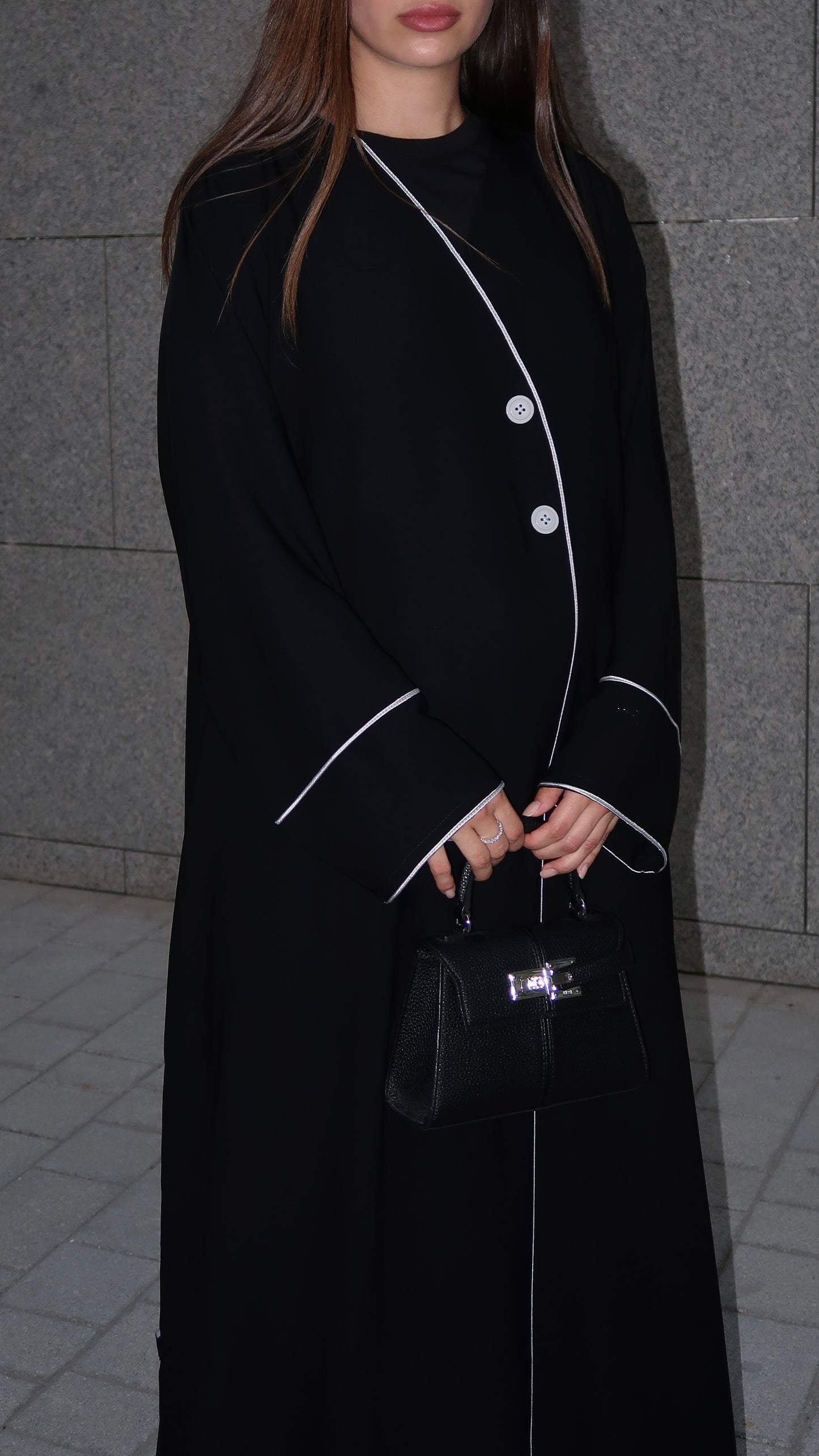 E62- Summery Black abaya with grey piping and buttons Crepe ( A - line )