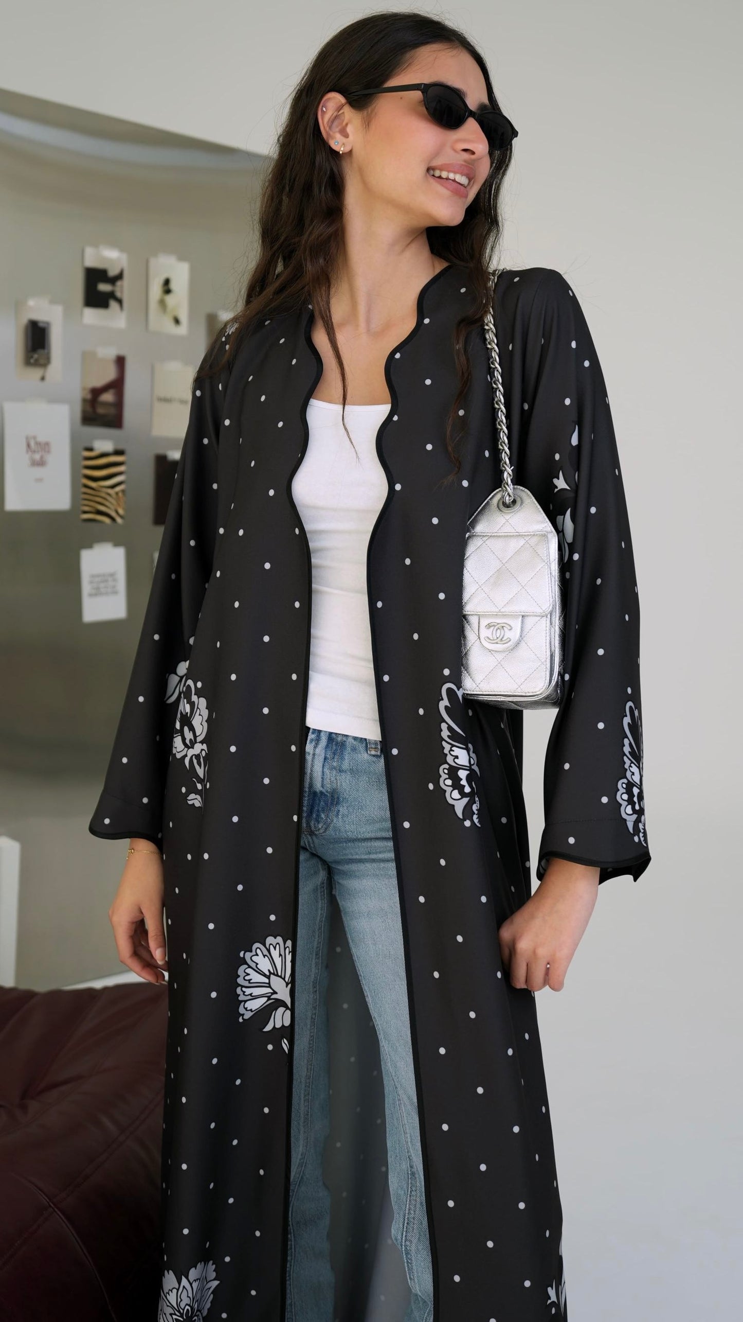 E101 polka dot floral black abaya ( Ready to Ship)