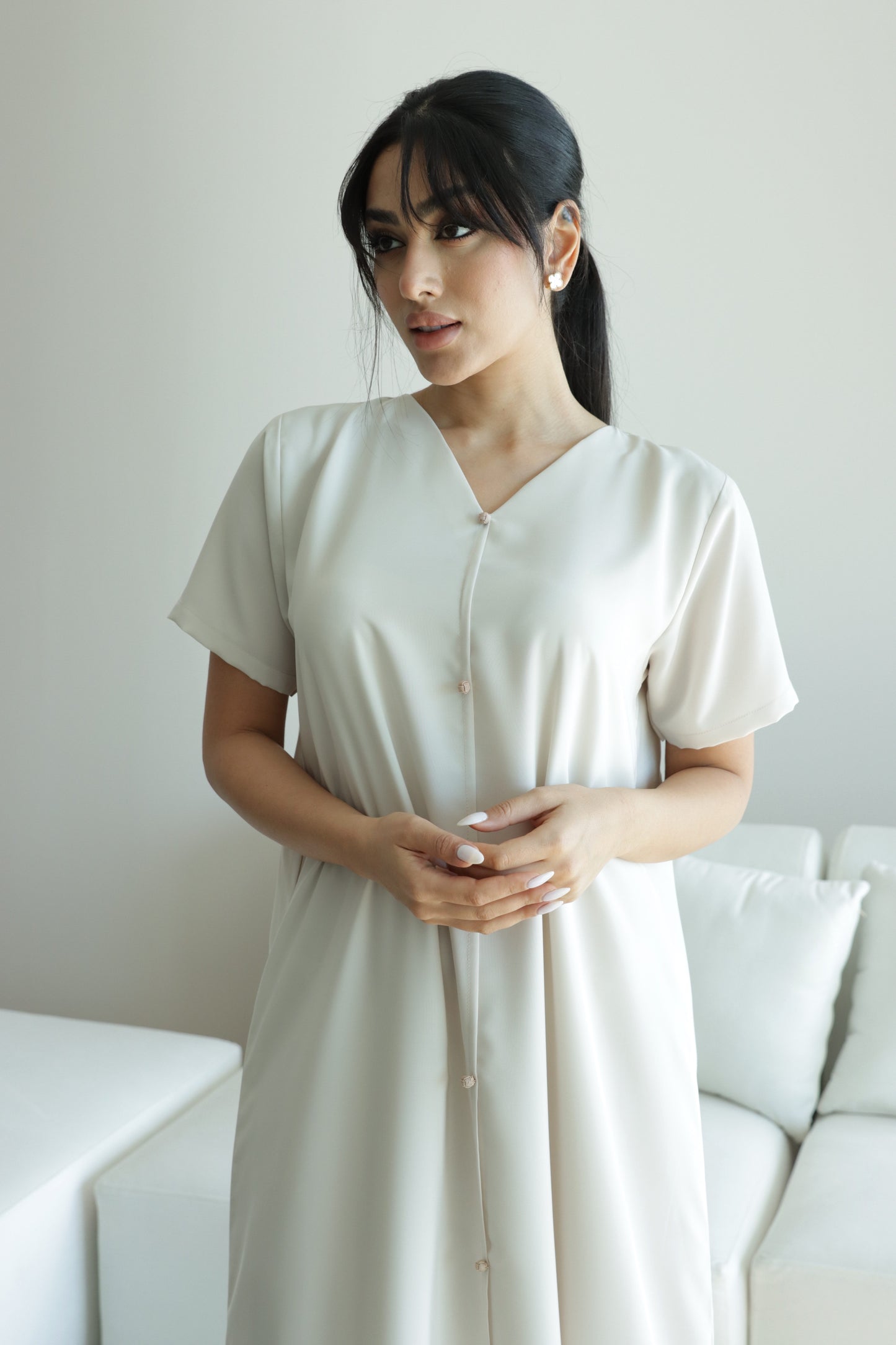 O47 Beige Summery Crepe dress( A-line )
