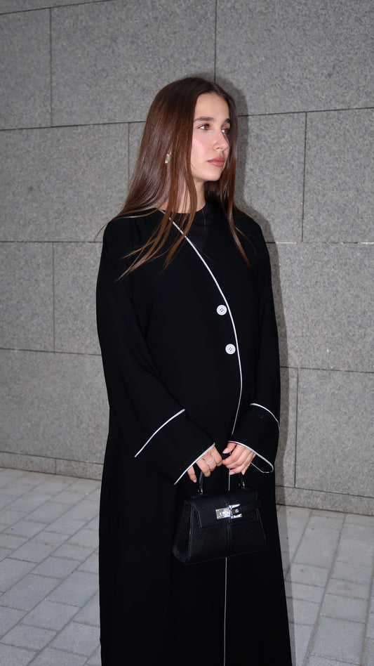 E62- Summery Black abaya with grey piping and buttons Crepe ( A - line )