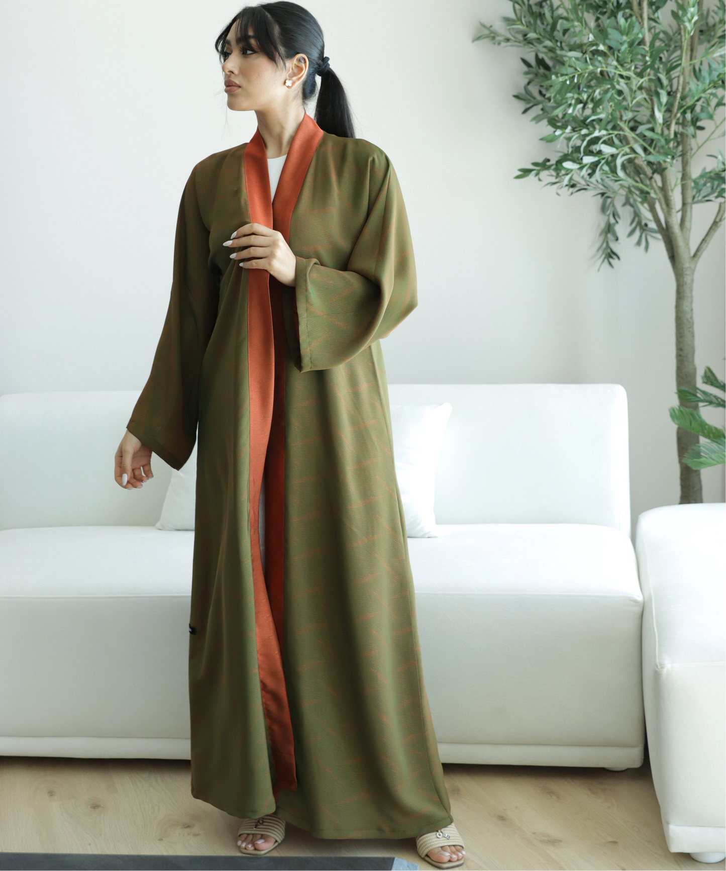 E28 Summery Abaya- Green Orange Mixed Silk ( A-line )