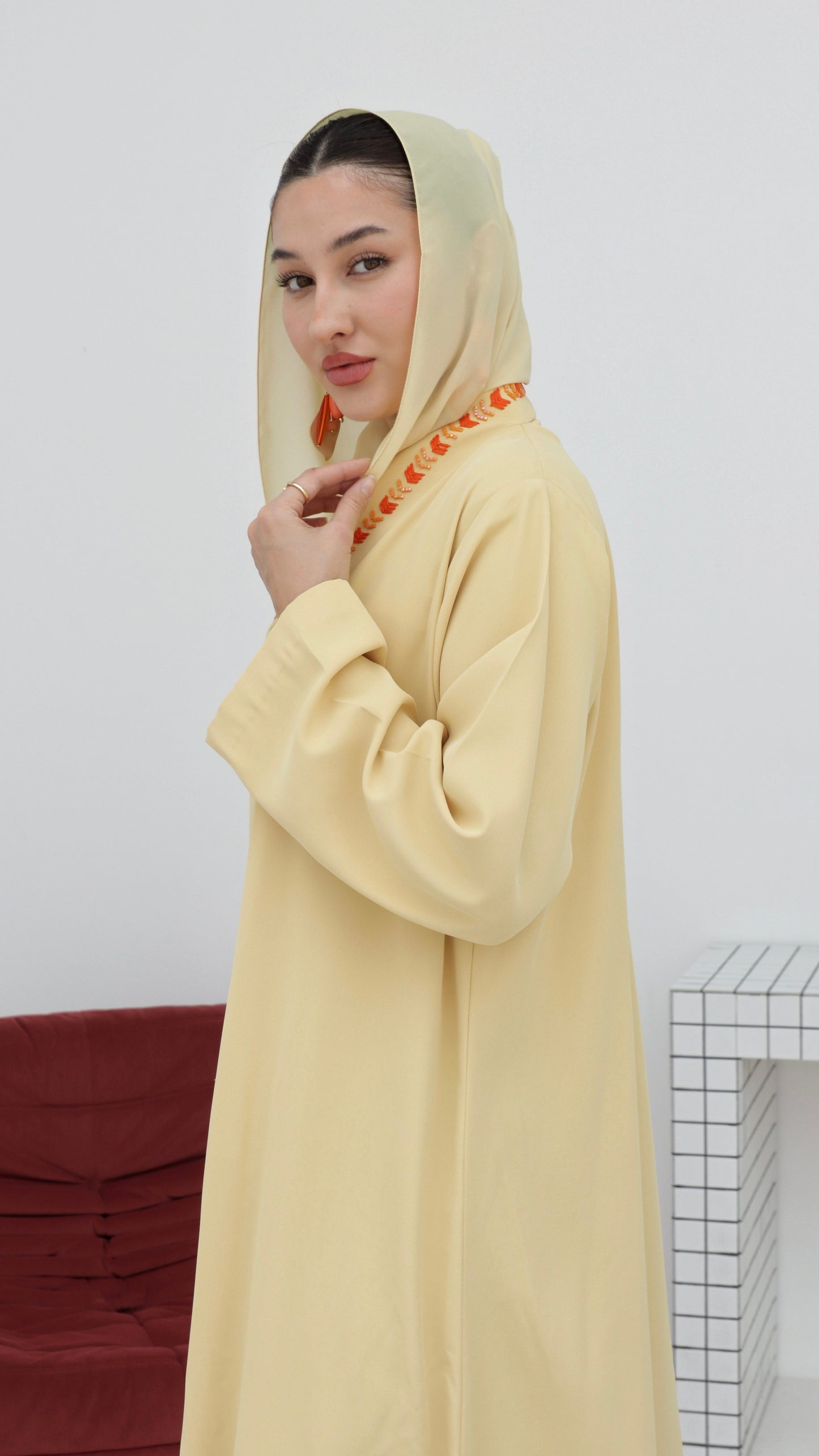 E69- Summery Butter Yellow crepe abaya with orange beads (A-line)