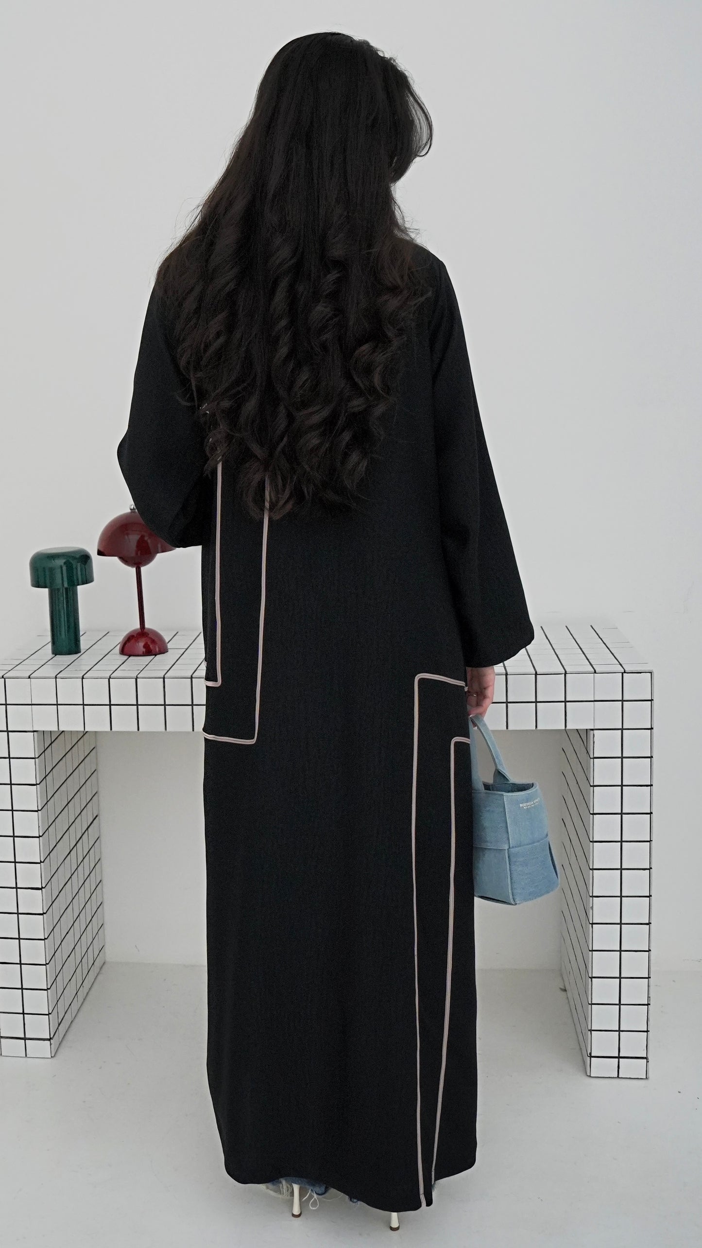 E90- Black abaya with beige piping