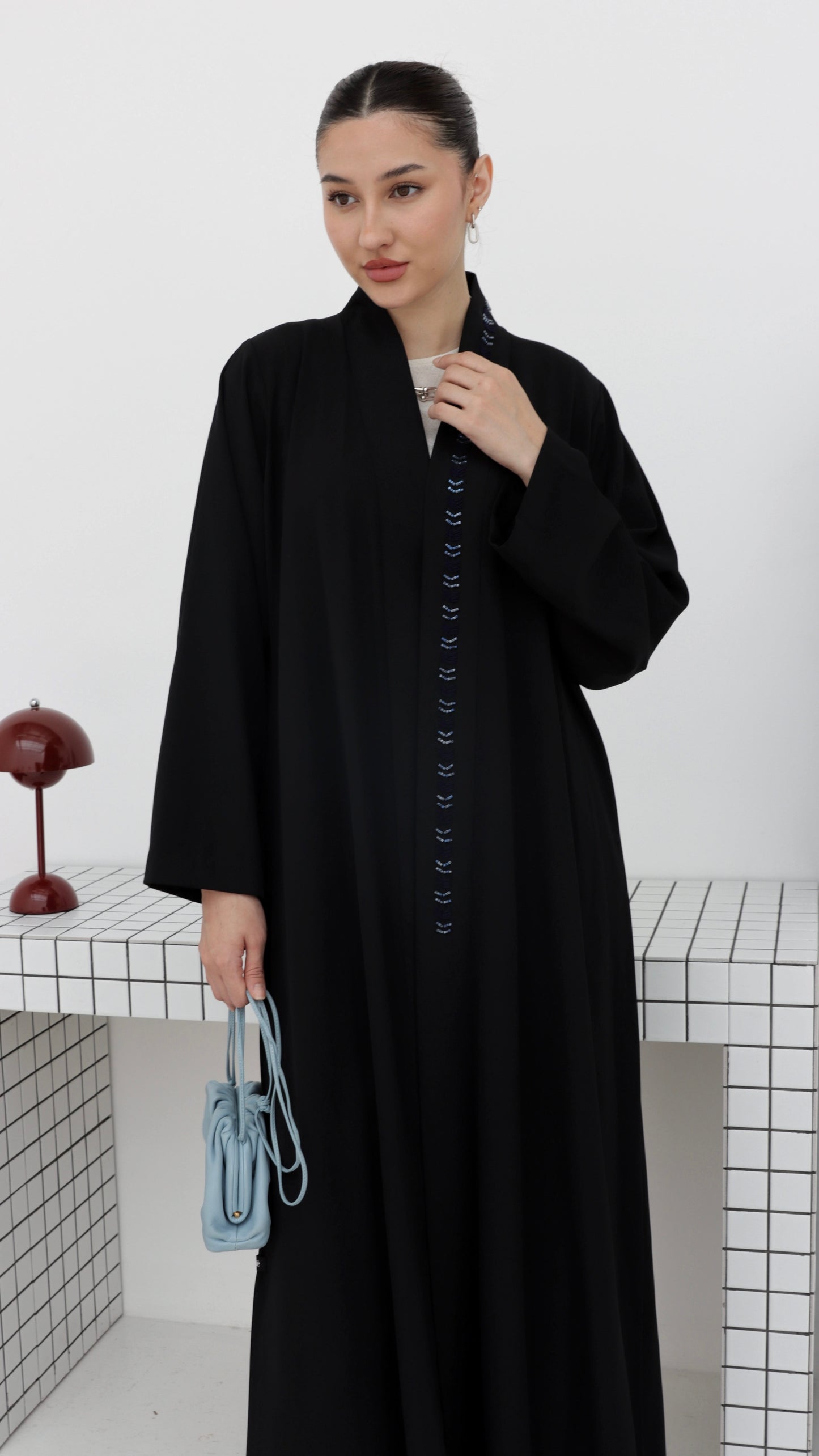 E69- Summery Black crepe abaya with blue beads ( A-line)