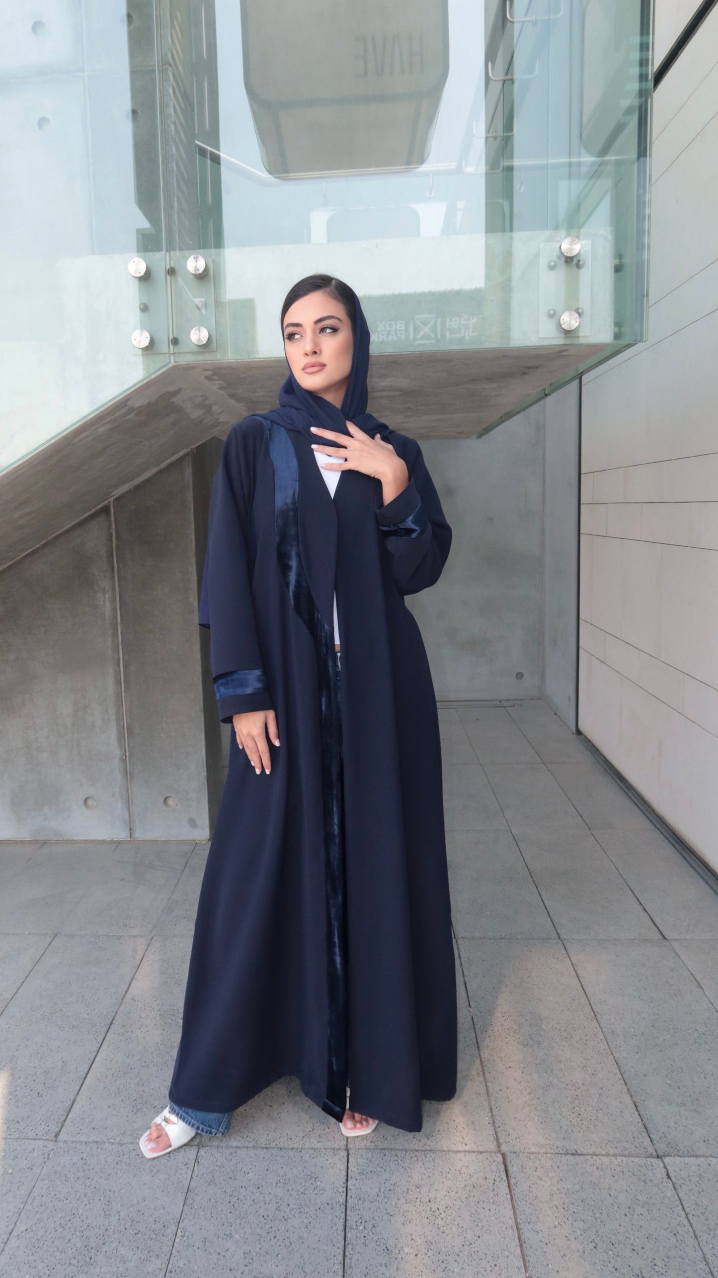 E52- Winter Blue abaya with velvet touch Barbie ( A - line )