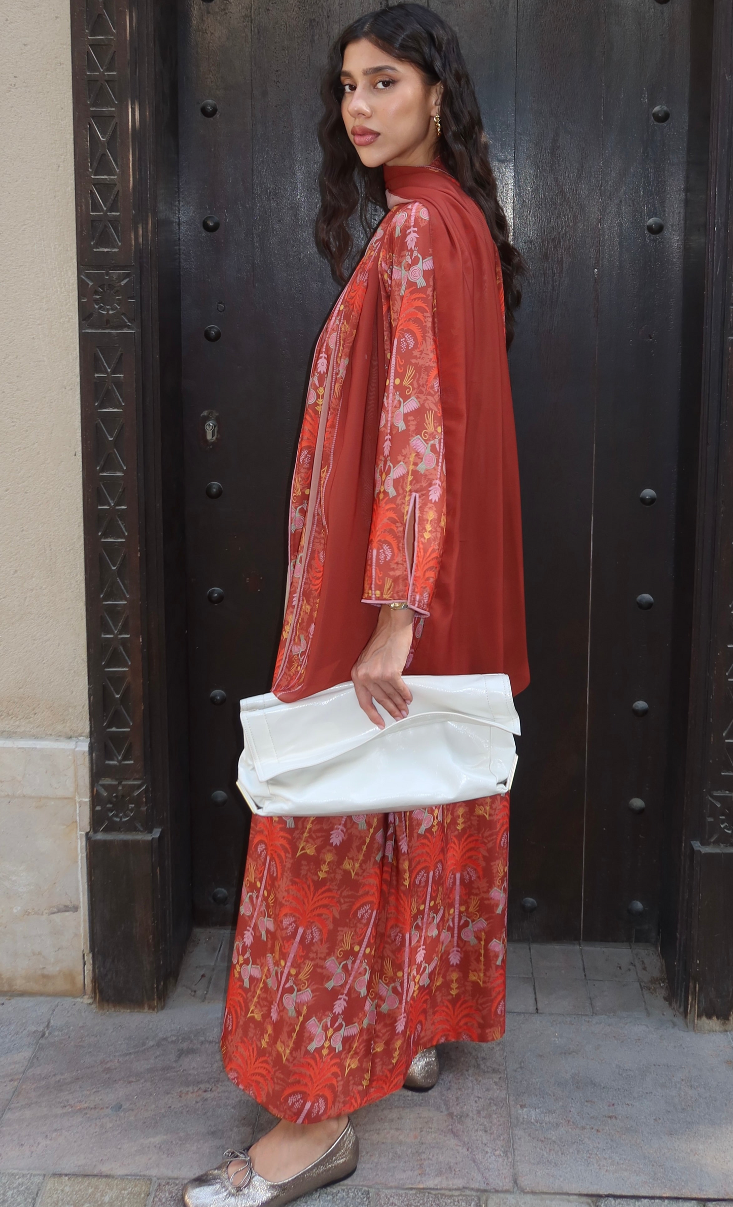 E58- Summery Orange palm tree abaya Crepe ( A - line )