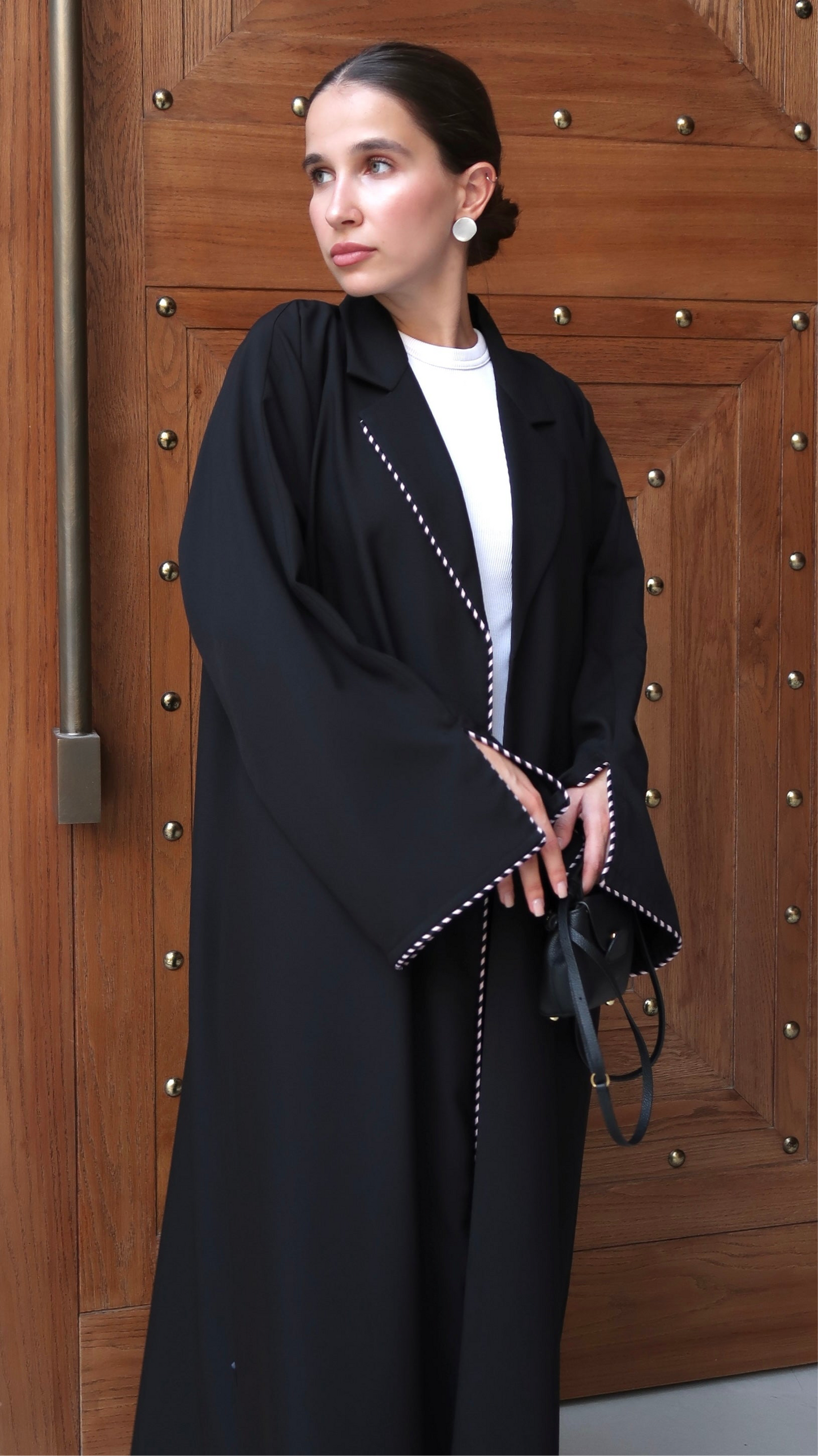 E66- Summery Black abaya with two toned piping Crepe ( A - line)
