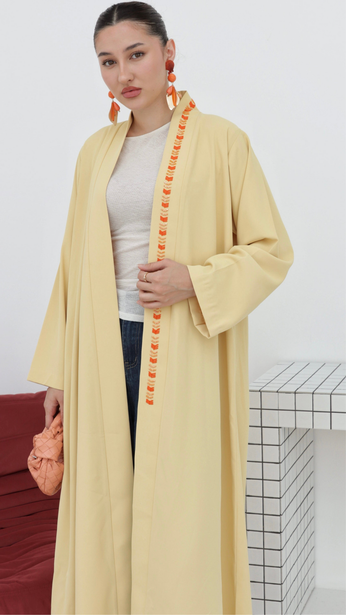 E69- Summery Butter Yellow crepe abaya with orange beads (A-line)