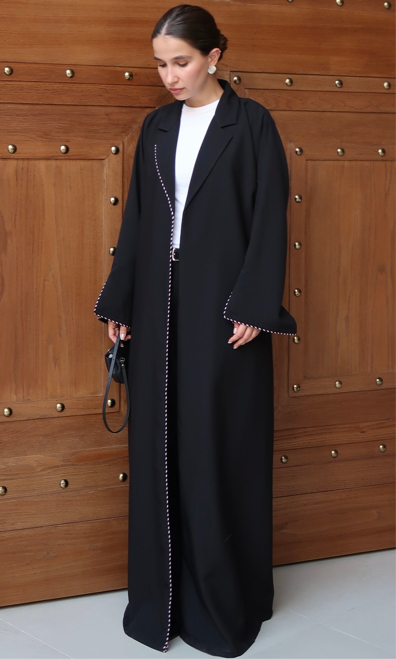 E66- Summery Black abaya with two toned piping Crepe ( A - line)