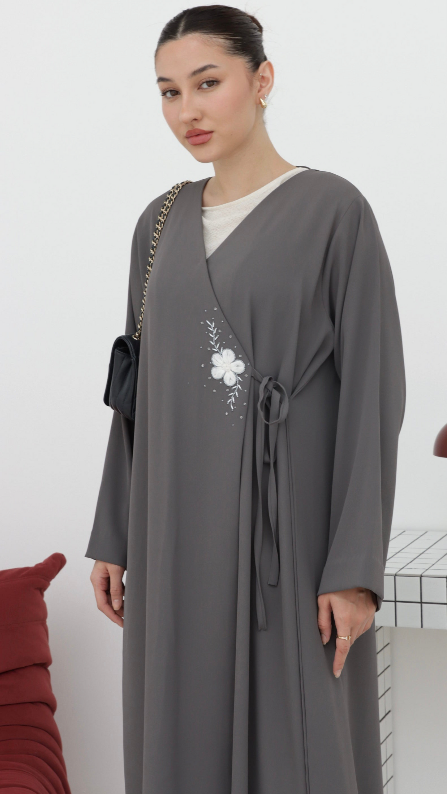 E67- Summery Grey abaya with white floral handwork Crepe ( A- line)