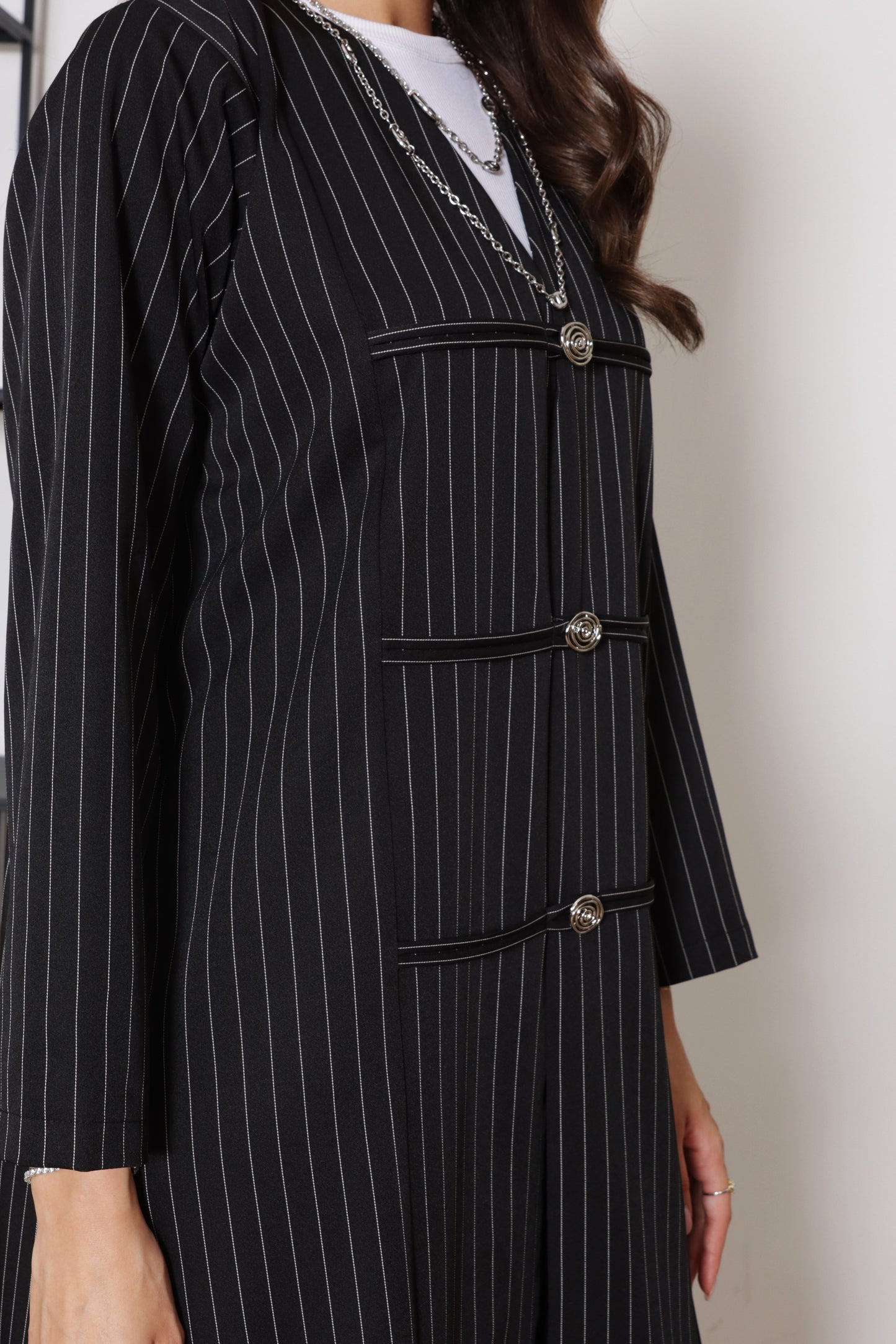 E110-Black Stripes fabric with buttons