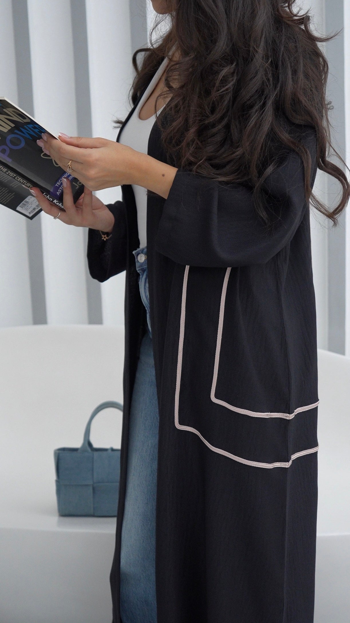 E90- Black abaya with beige piping