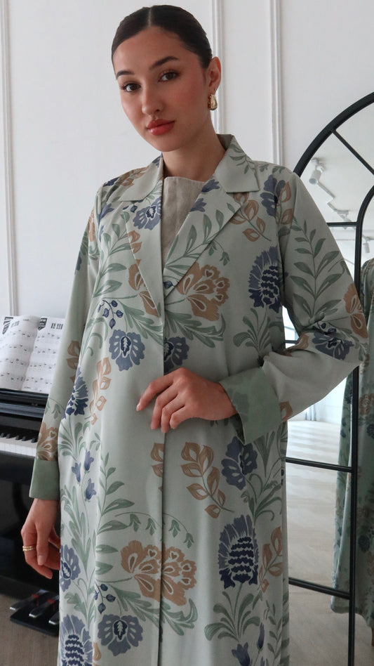 E74- Summary pattern black light green abaya (A-line)