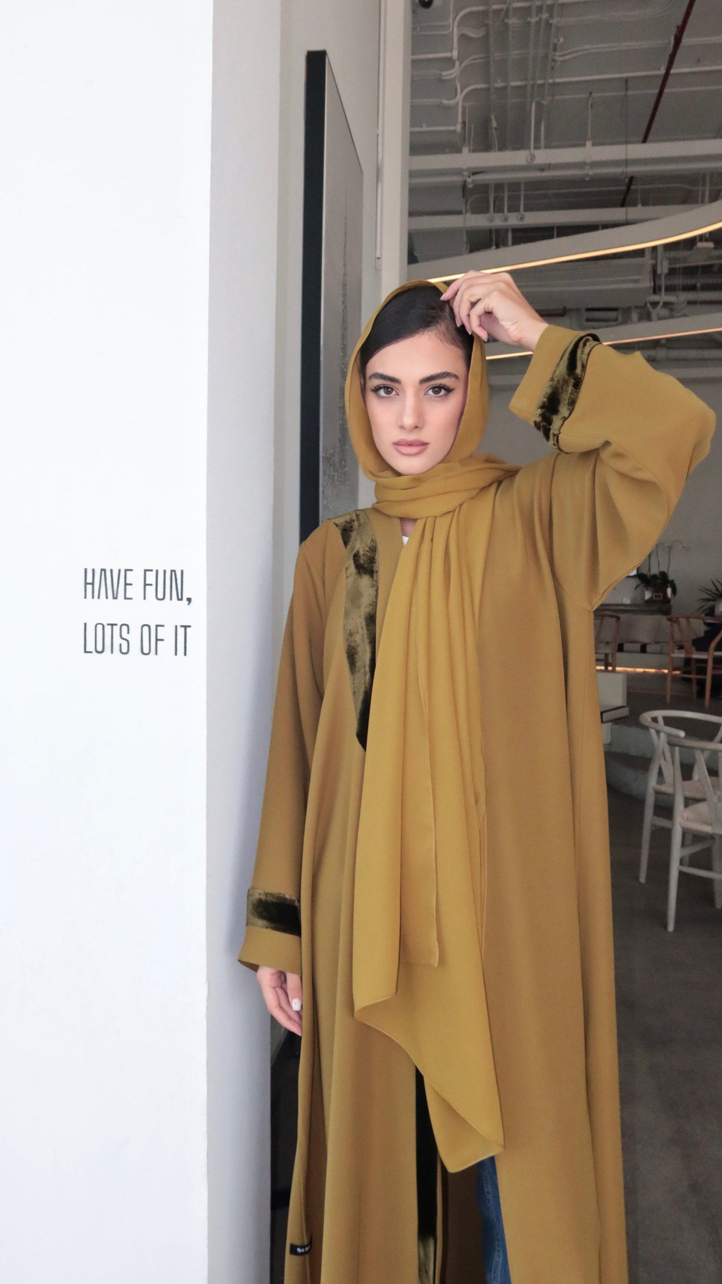 E52- Winter Mustard abaya with velvet touch Barbie ( A - line )