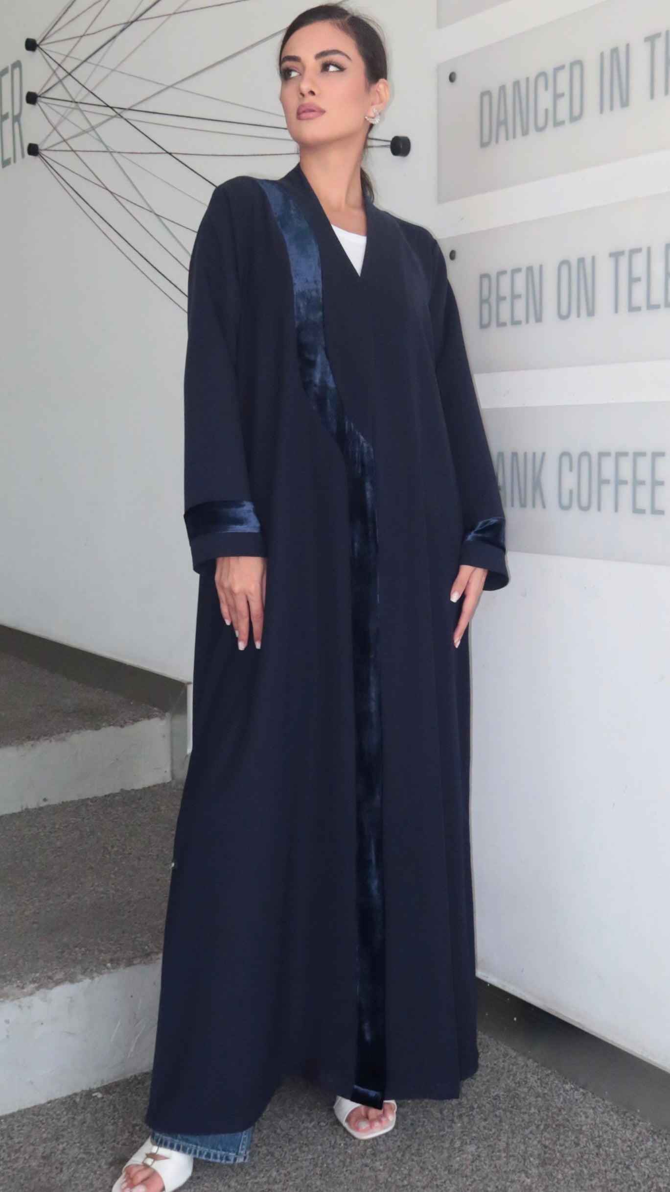 E52- Winter Blue abaya with velvet touch Barbie ( A - line )