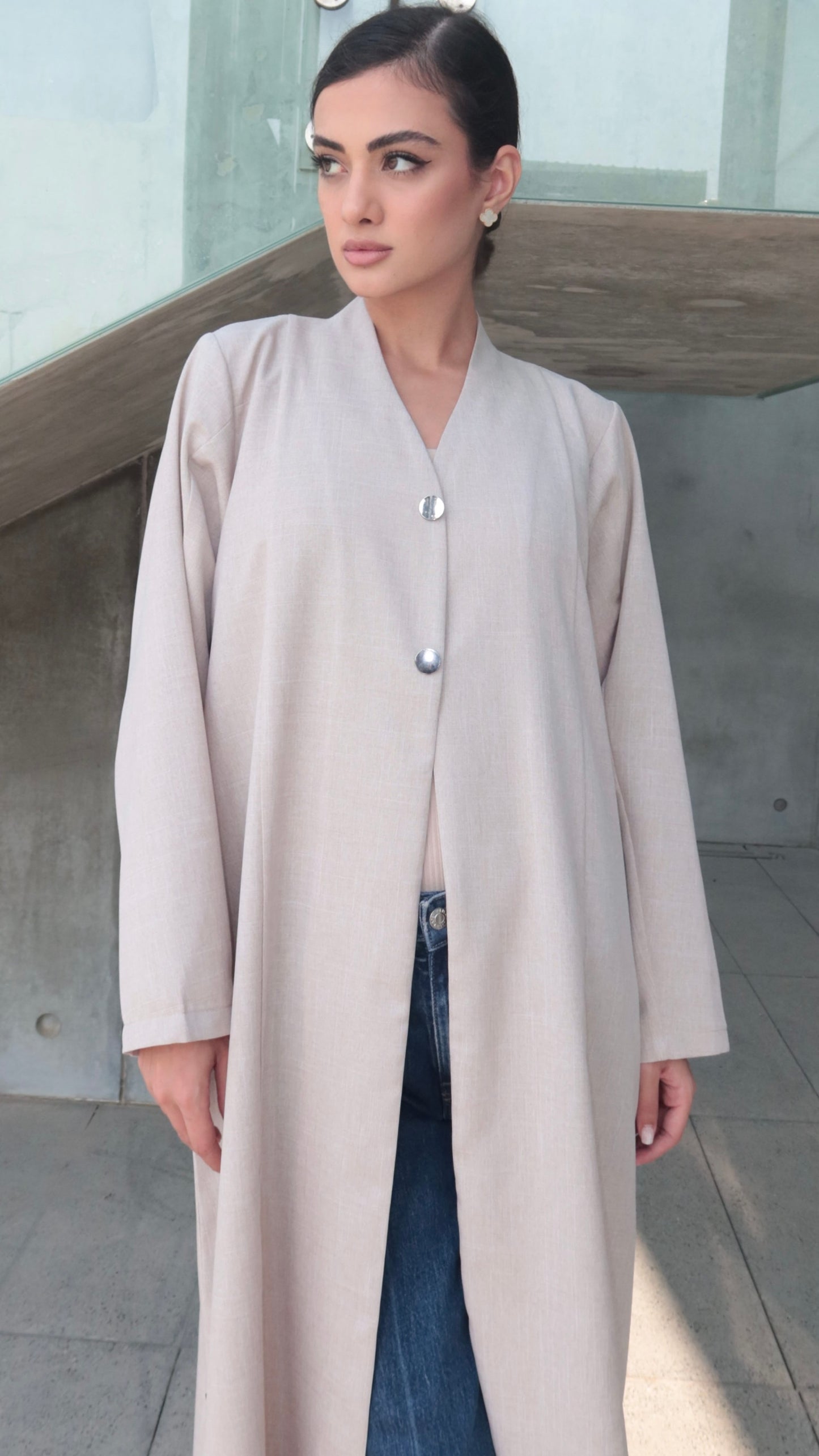 E49- Beige linen mix abaya