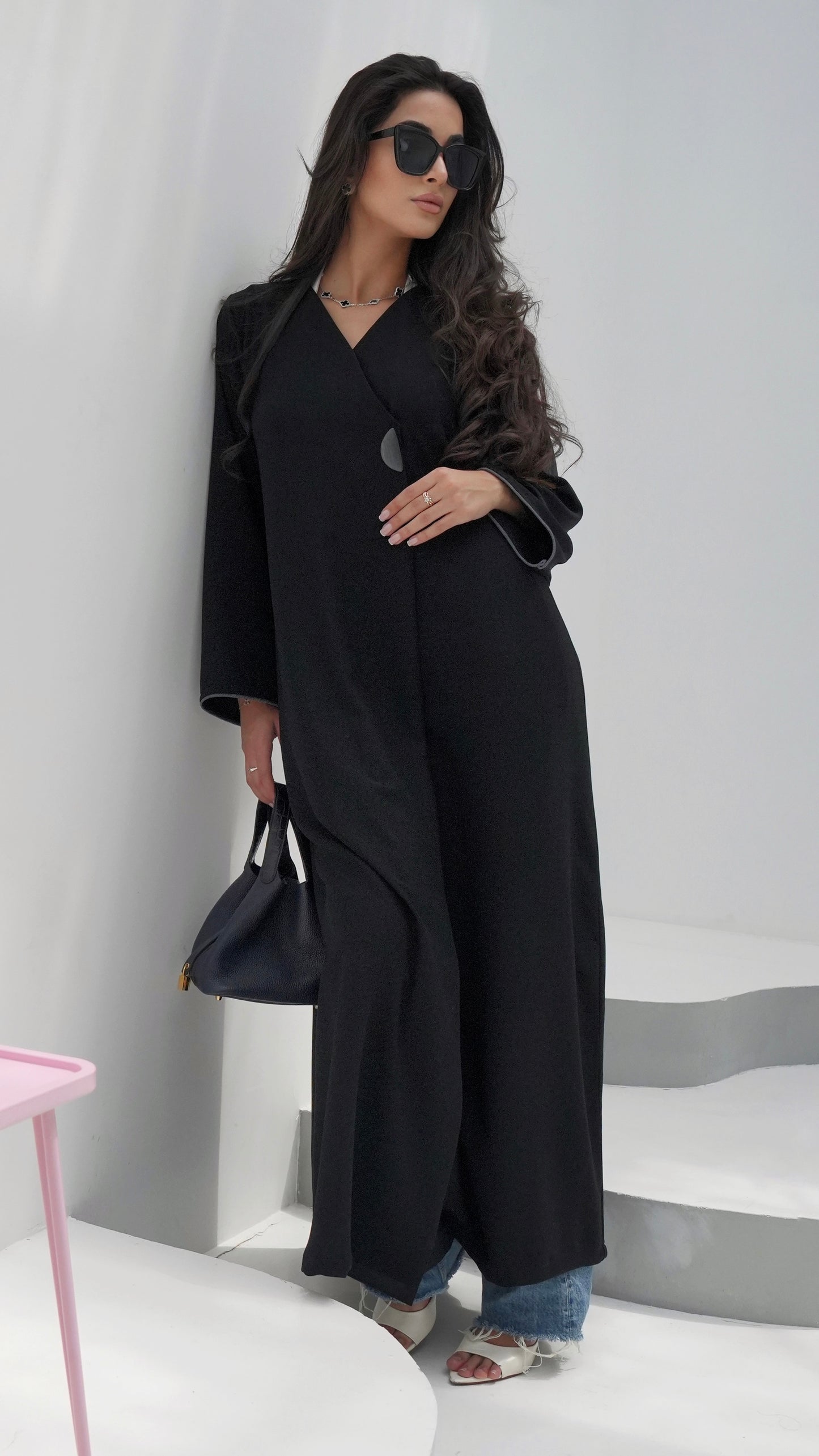 E89- Black abaya with grey button