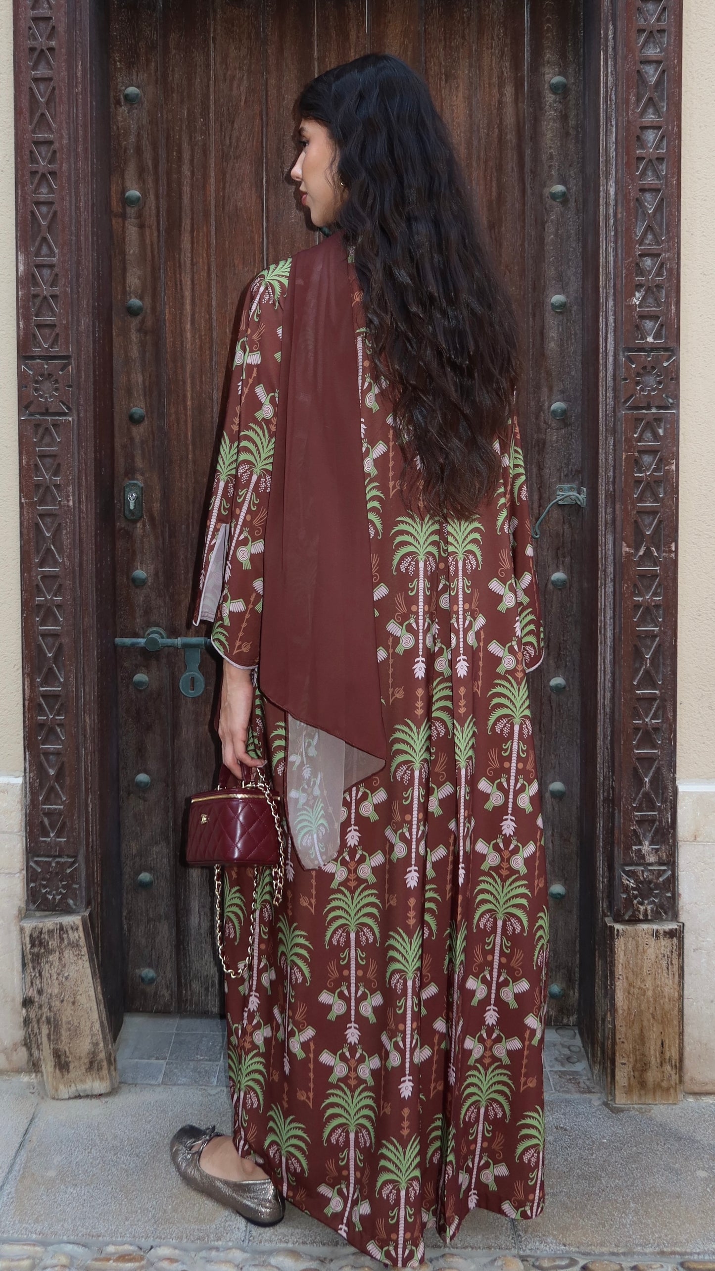 E58- Summery Brown palm tree abaya Crepe ( A - line )