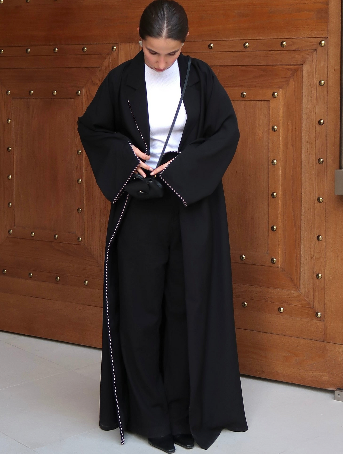 E66- Summery Black abaya with two toned piping Crepe ( A - line)