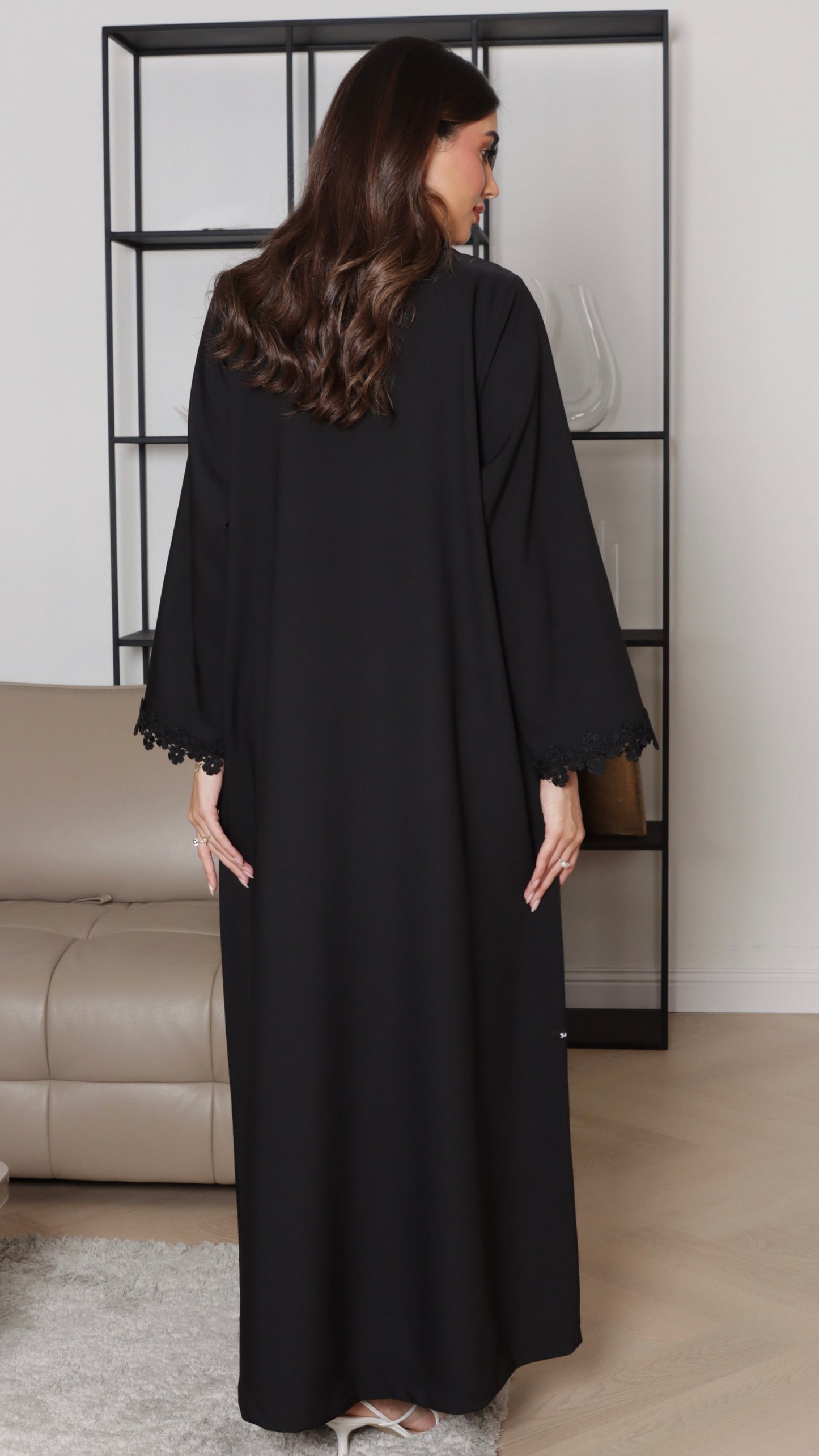 E107- Black casual abaya with floral lace