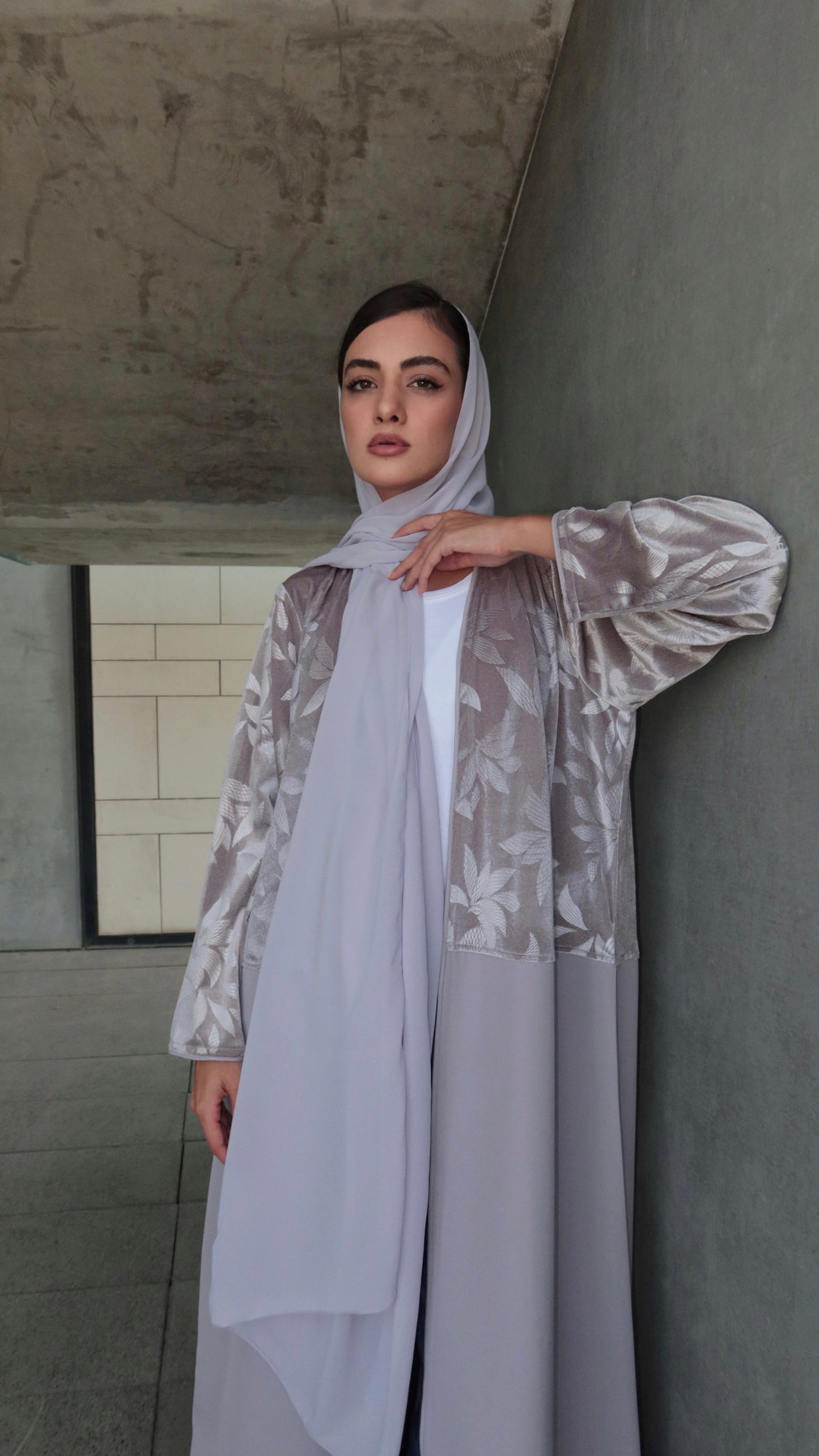 E51- Winter Grey abaya with pattern velvet Barbie ( A - line )