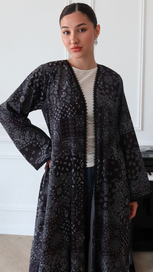 E75- Summary pattern black floral abaya (A-line)