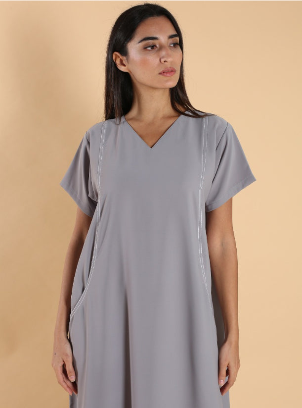 O18 Summery Grey Dress Crepe ( A-line )