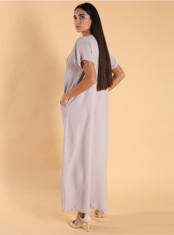 O18 Summery Beige Dress Crepe ( A-line )