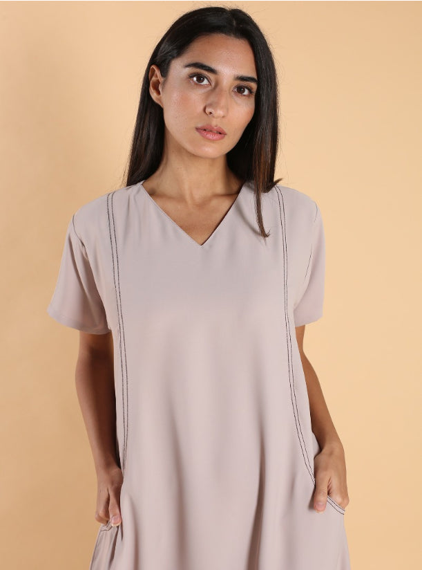 O18 Summery Beige Dress Crepe ( A-line )