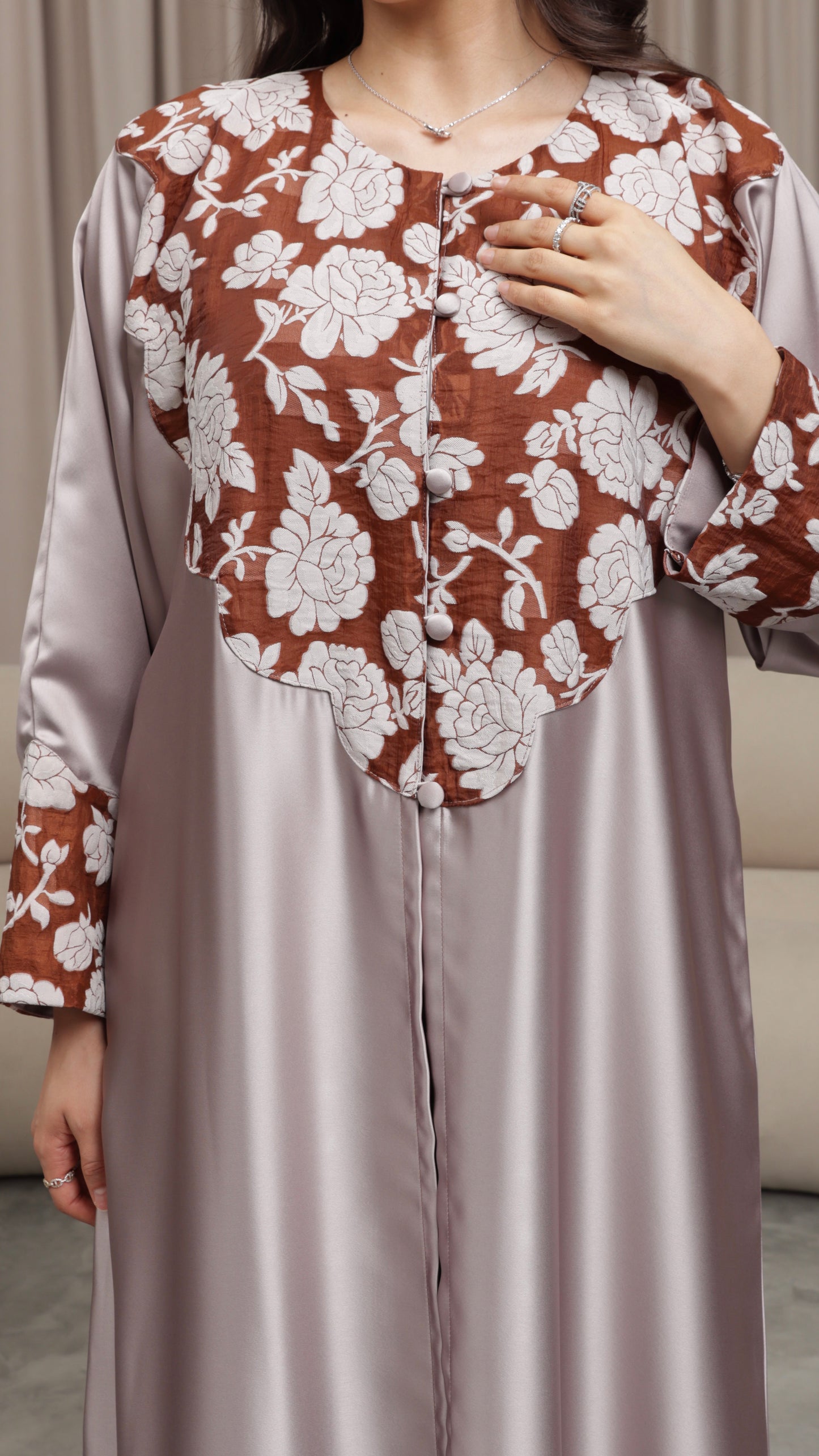 E111- Rosewood Satin abaya brown floral