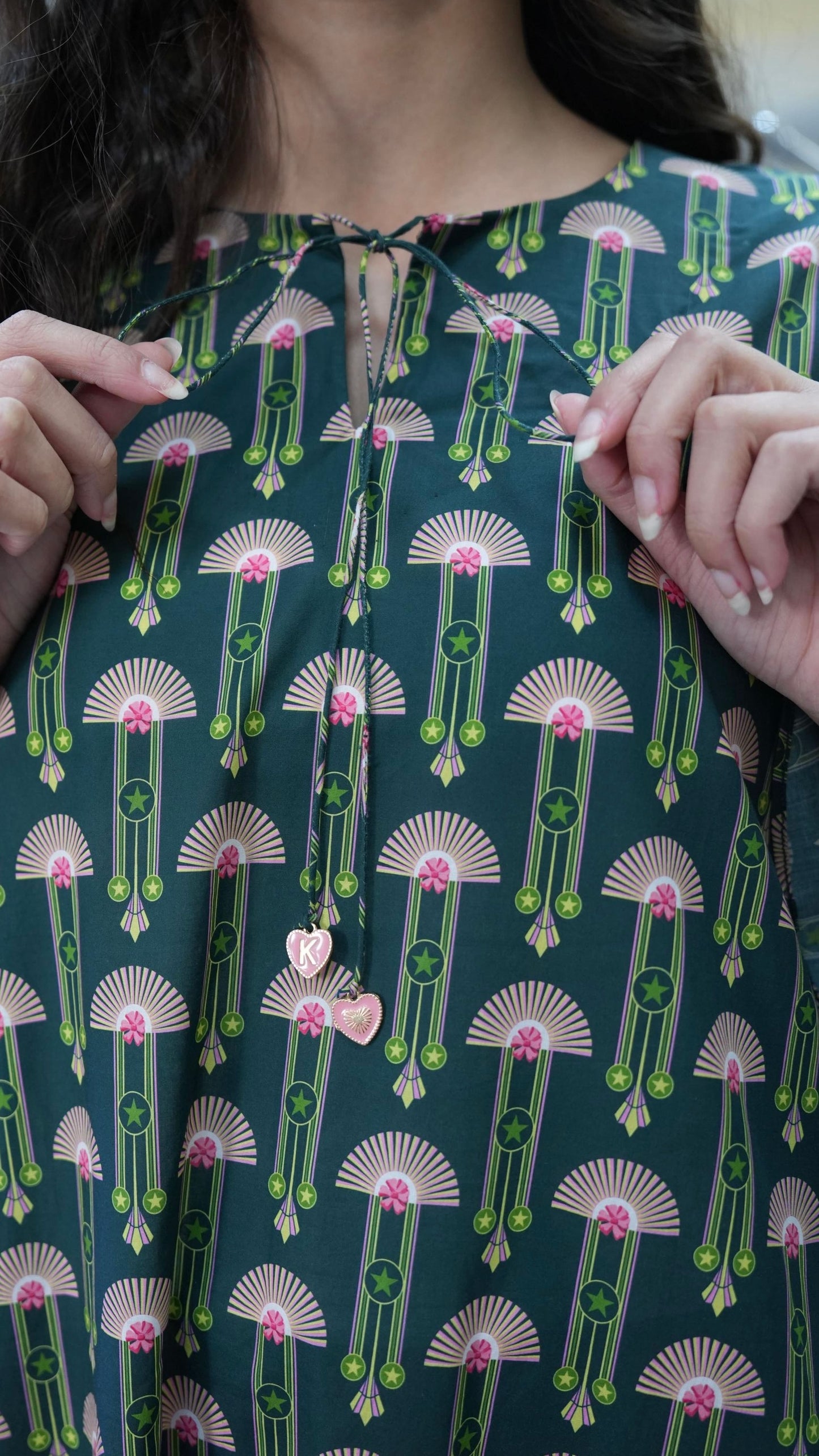 O67 Green kaftan with heart letters charm ( Ready to Ship)