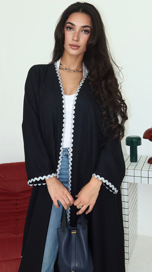 E92- Black abaya with lace waves piping