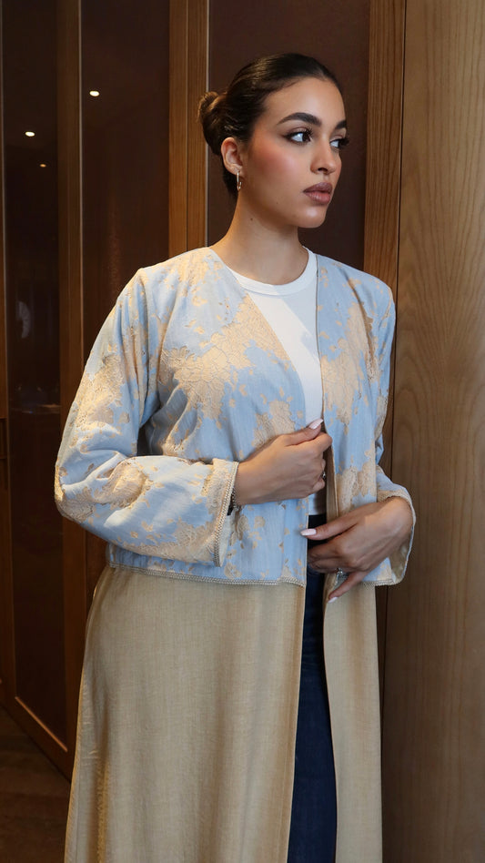 E131- Blue & Yellow lace linen abaya