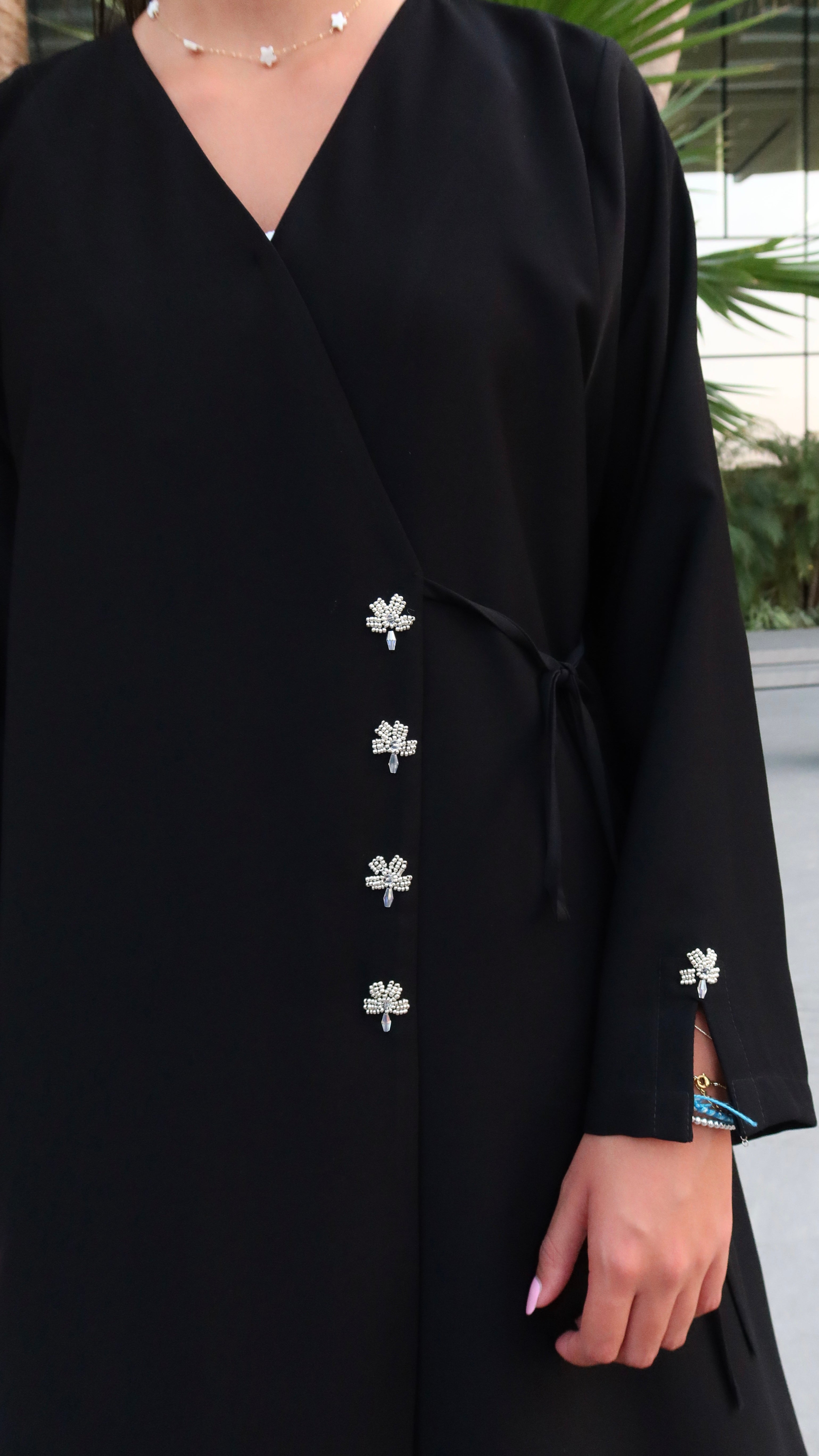 E137- Summer casual Black wrap abaya with Handwork ( Shaila not included)