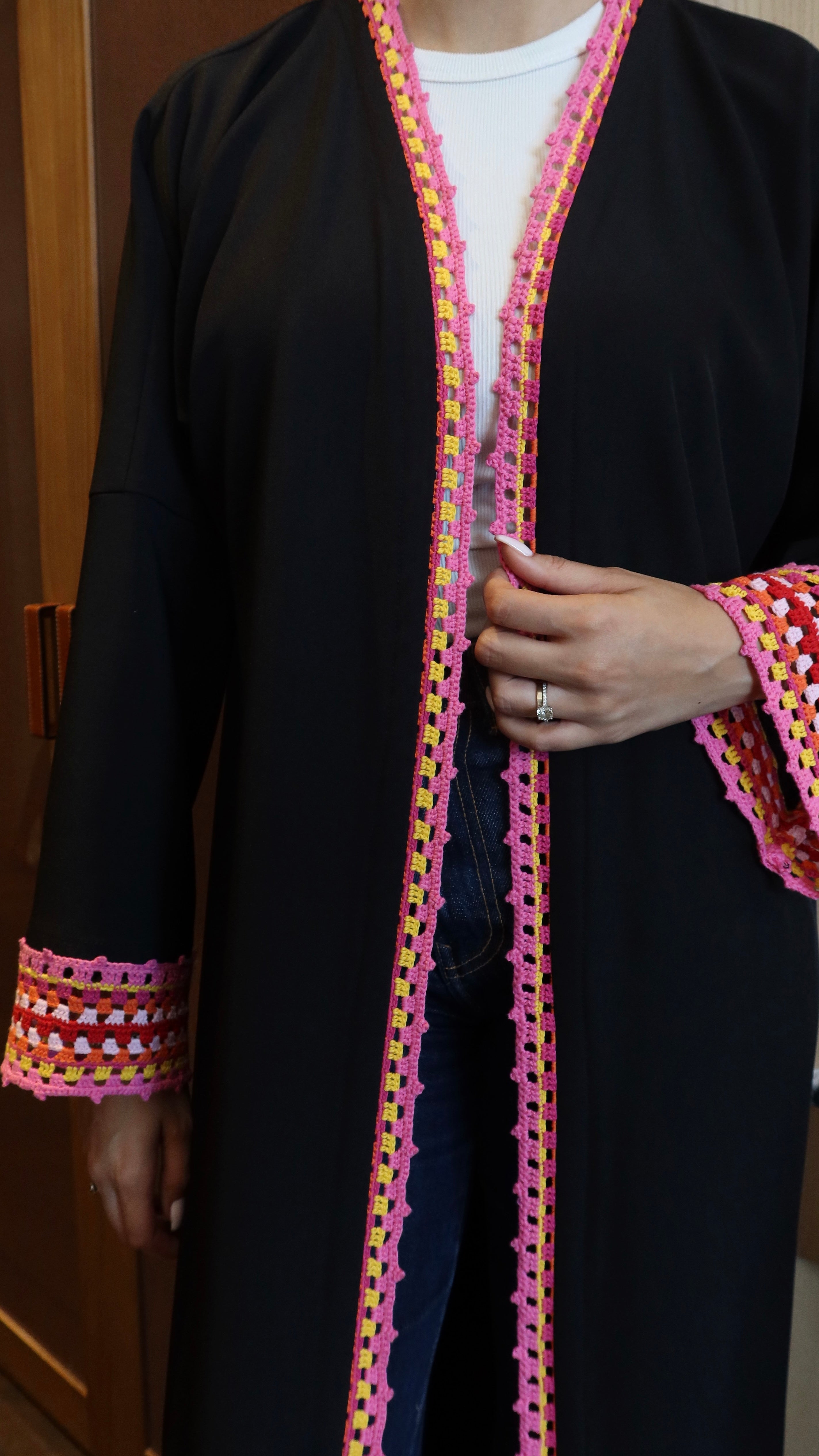 E124- Summer Crochet black abaya