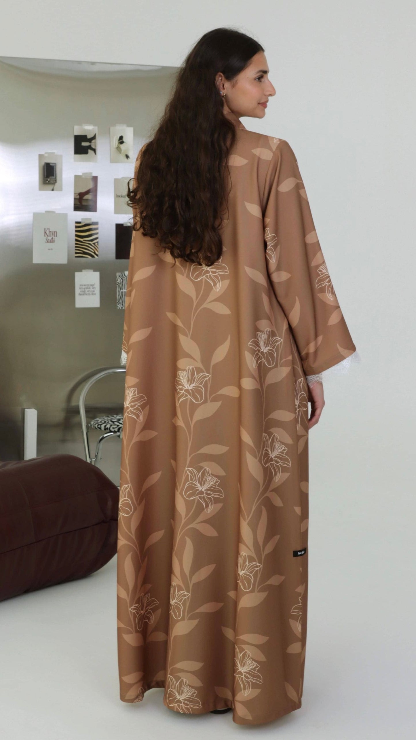 E103 Beige floral abaya with white lace( Ready to Ship)